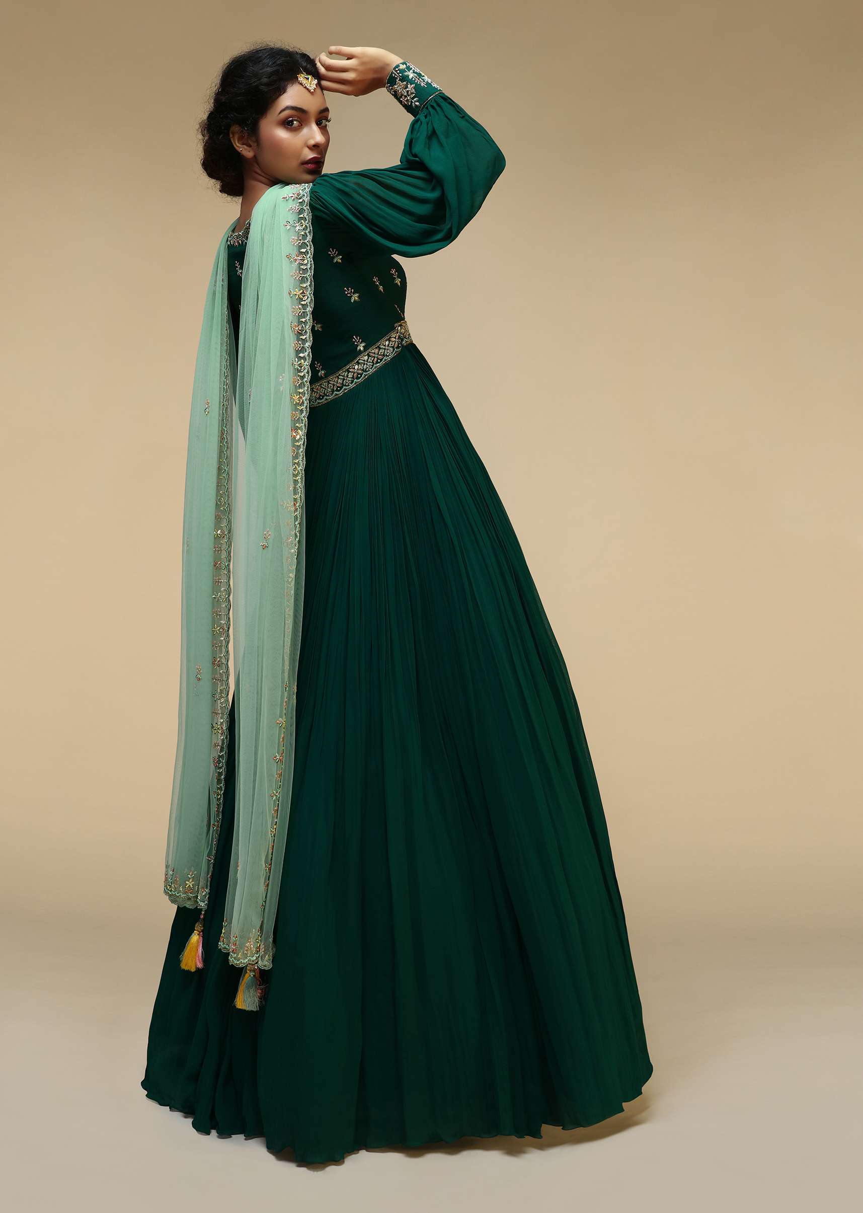 Bottle Green Anarkali Suit With Balloon Sleeves And Hand Embroidered Buttis Using Multi Colored Sequins And Beads - Image 4