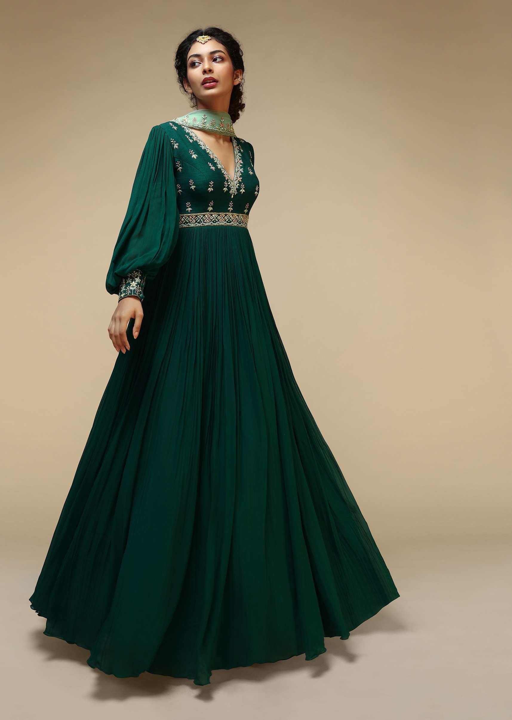 Bottle Green Anarkali Suit With Balloon Sleeves And Hand Embroidered Buttis Using Multi Colored Sequins And Beads - Image 5