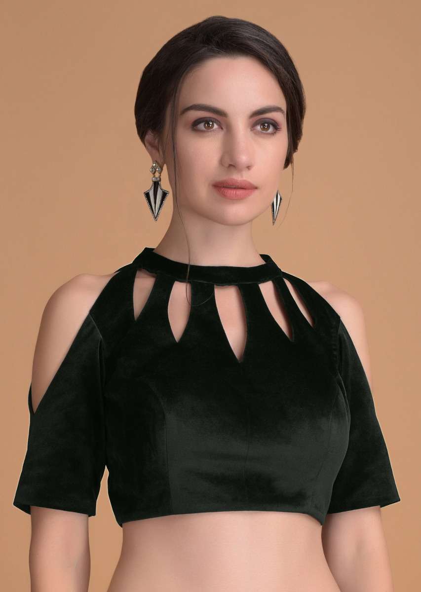 Bottle Green Blouse In Velvet With Cut Out On The Neckline