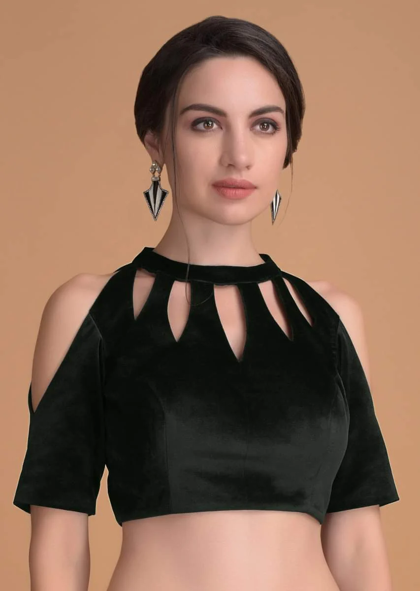 Bottle Green Blouse In Velvet With Cut Out On The Neckline - Image 3