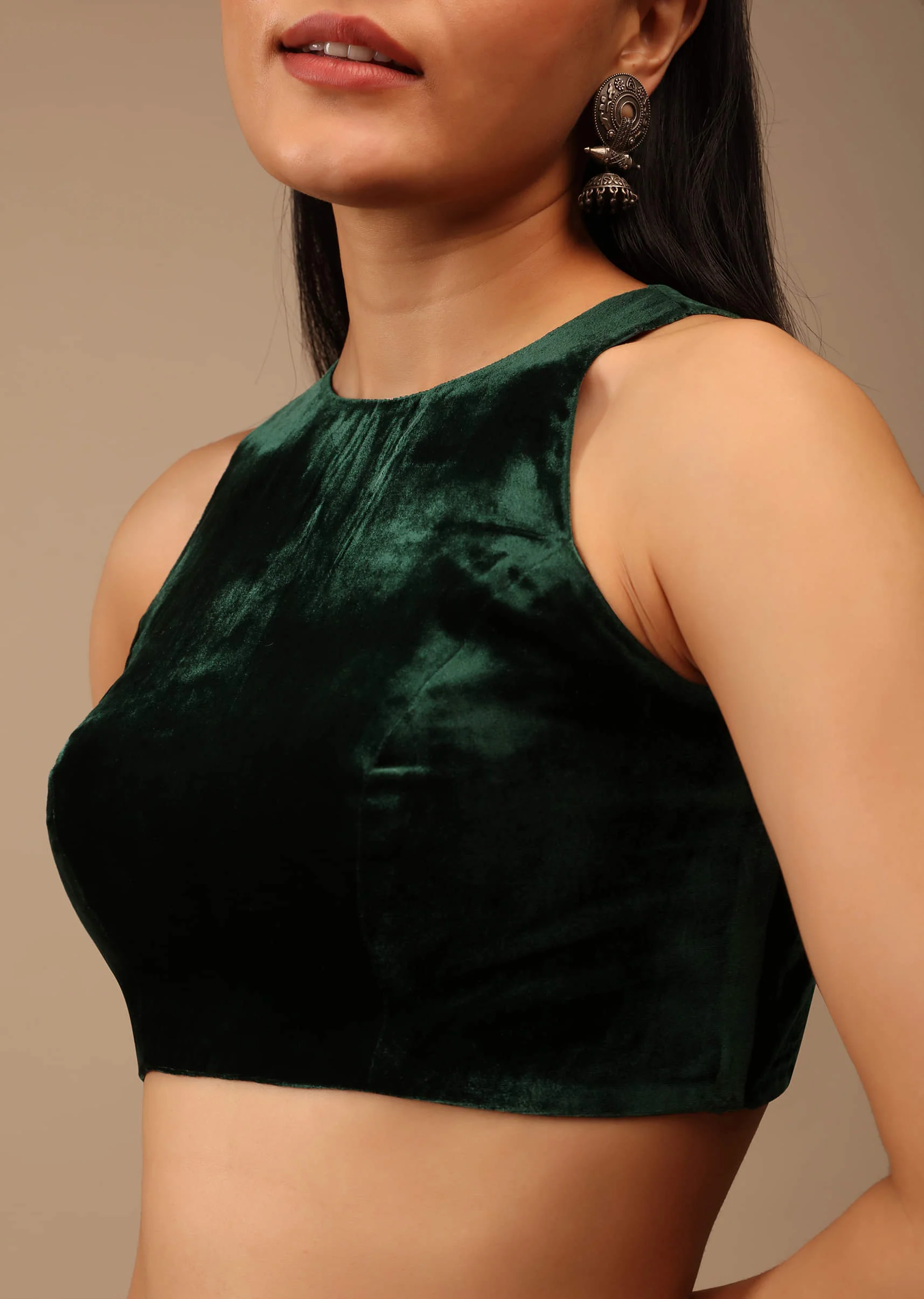 Bottle Green Blouse In Velvet With Halter Neckline And Back Zip Detailing - Image 5