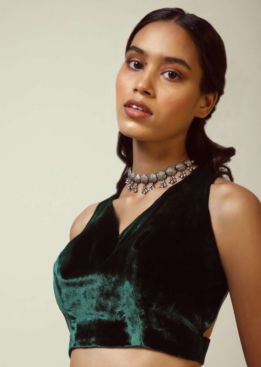 Bottle Green Blouse In Velvet With Halter Straps And Sweetheart Neckline - Image 4