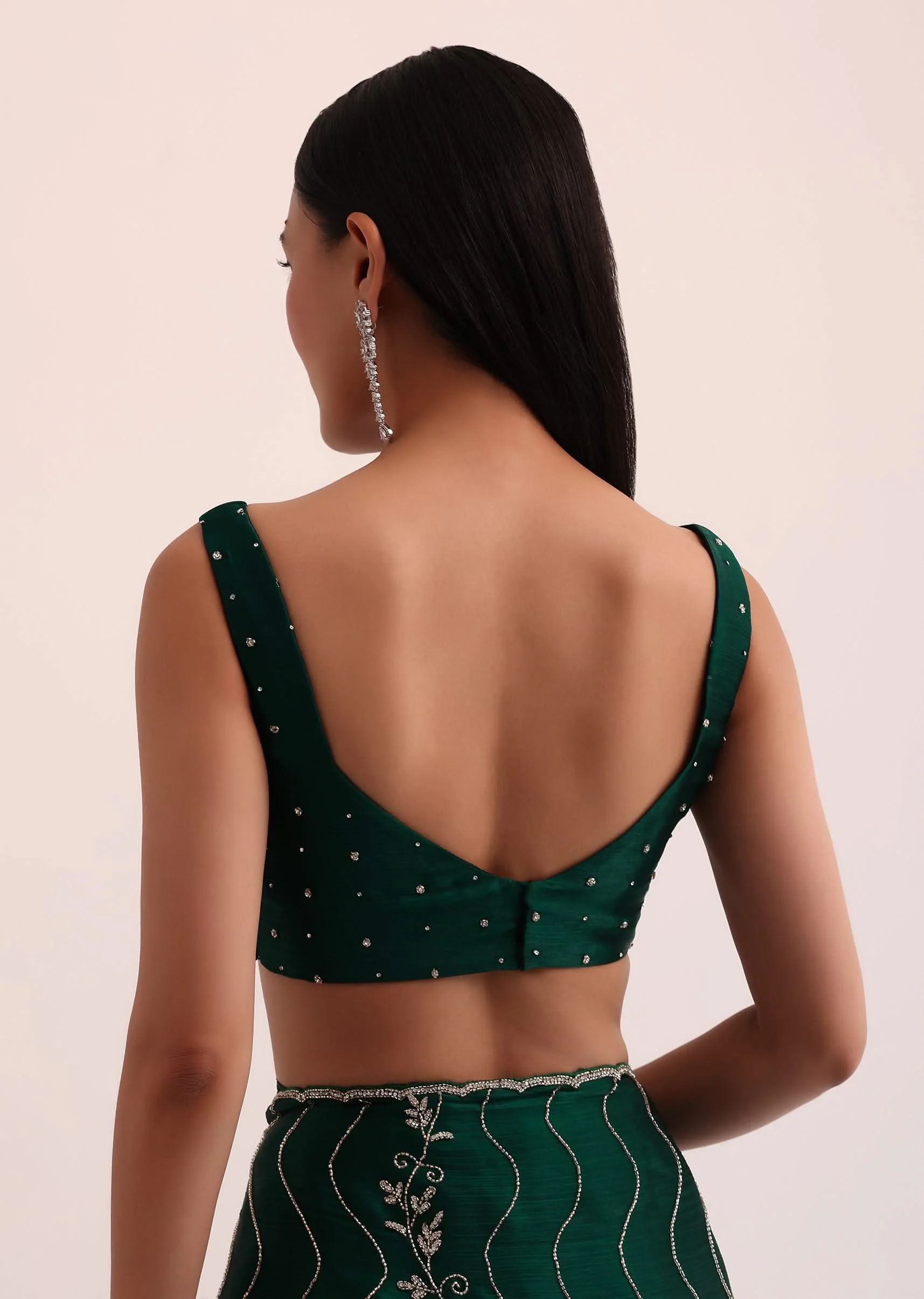 Bottle Green Chinon Saree With Cut Dana Embroidery And Unstitched Blouse - Image 8