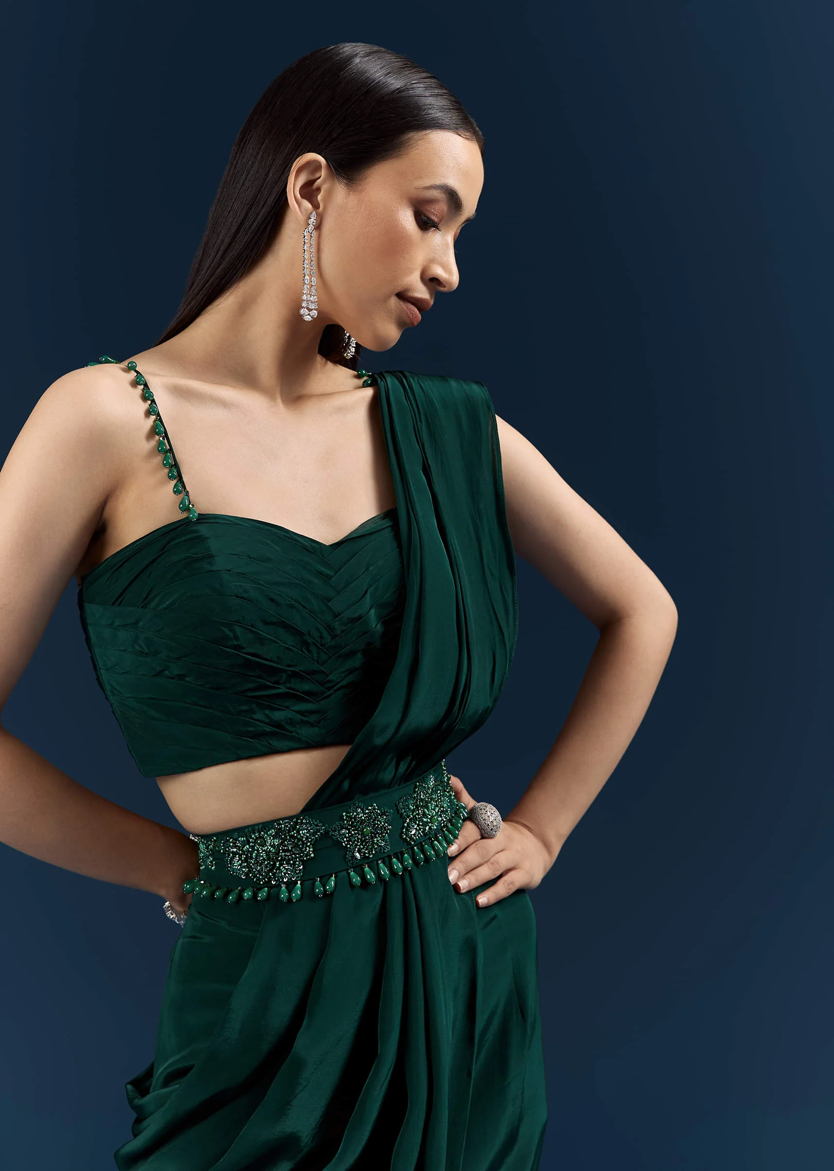Bottle Green Crepe Ready Pleated Saree With Heavy Embroidery - Image 2
