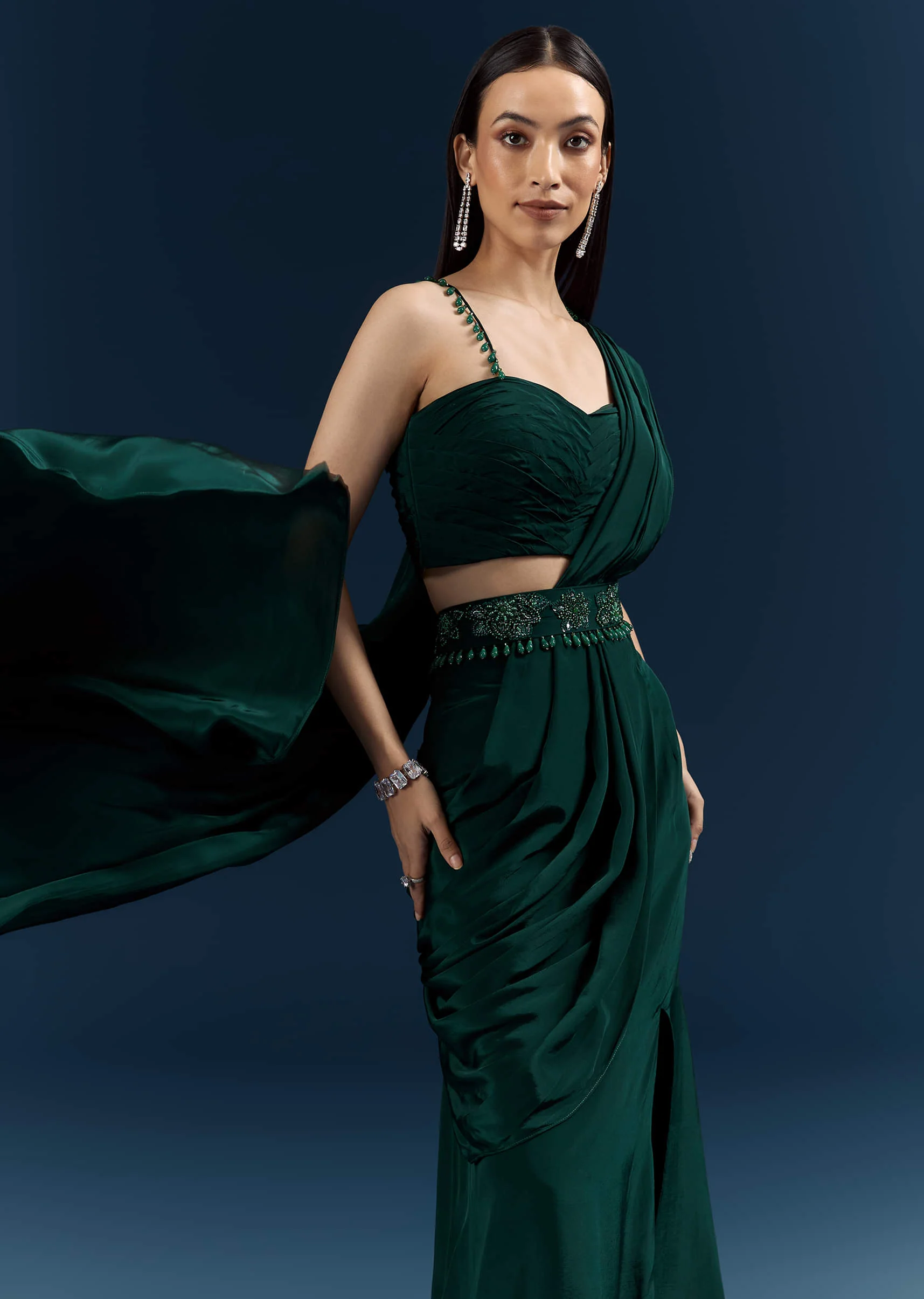 Bottle Green Crepe Ready Pleated Saree With Heavy Embroidery - Image 3