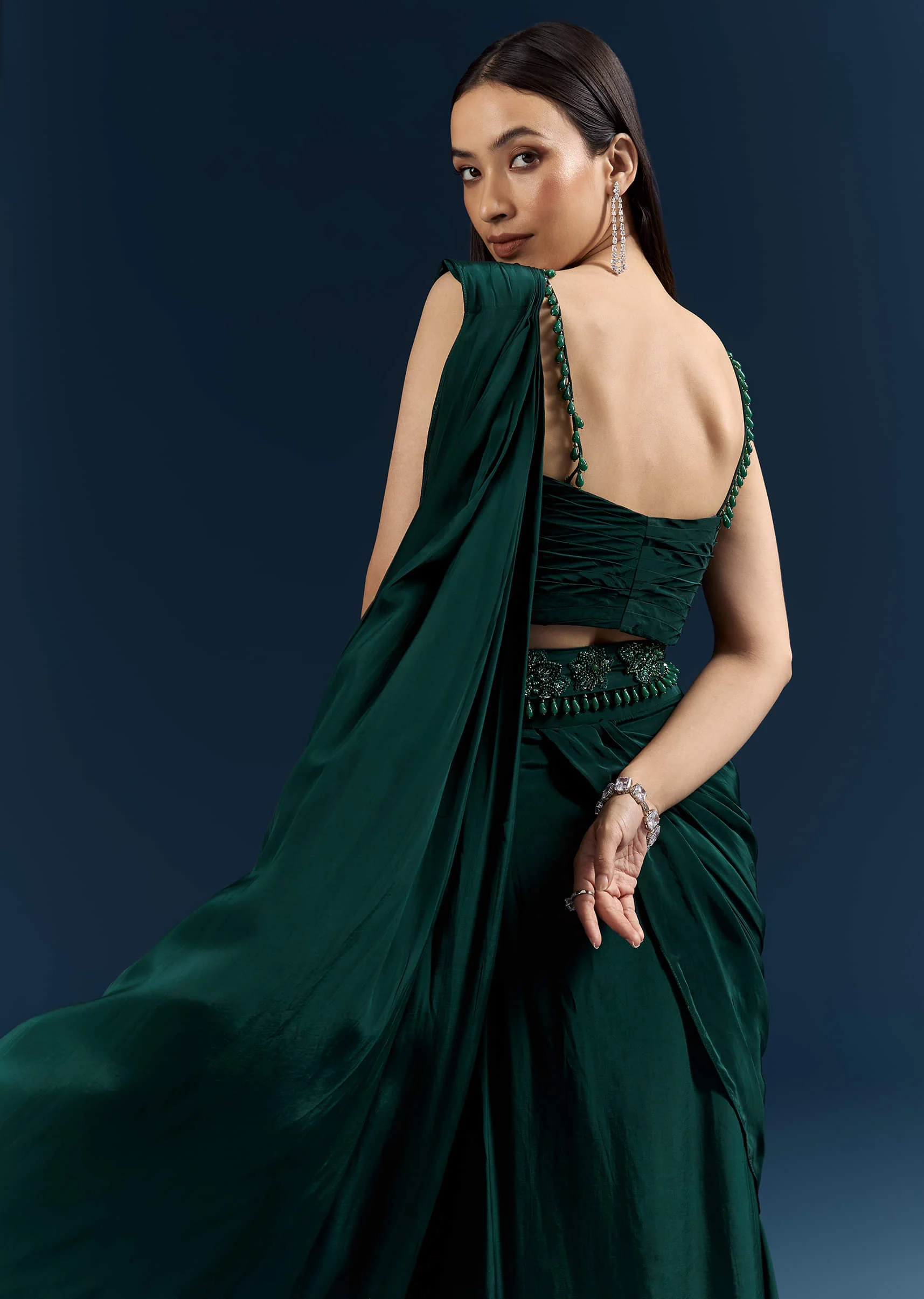 Bottle Green Crepe Ready Pleated Saree With Heavy Embroidery - Image 5