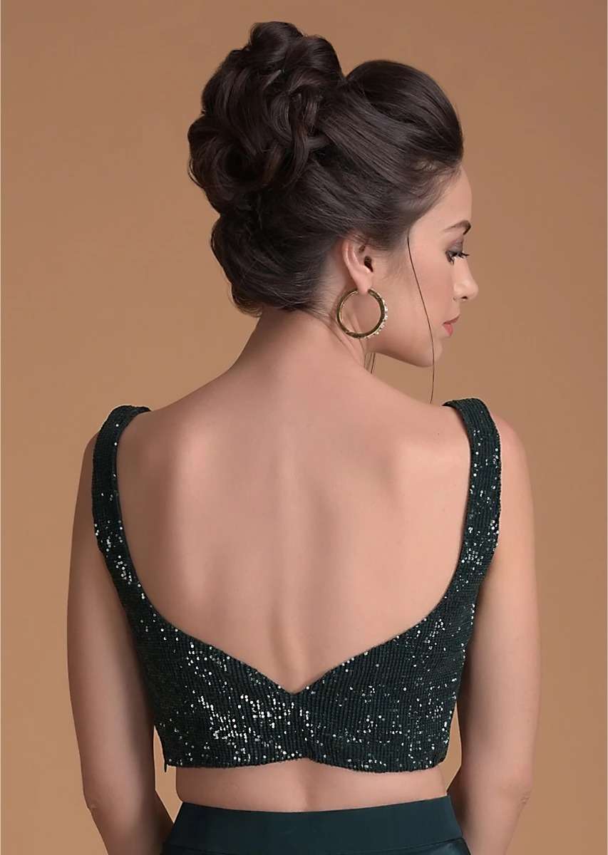 Bottle Green Crop Top Embellished In Sequins With Sweetheart Neckline - Image 2