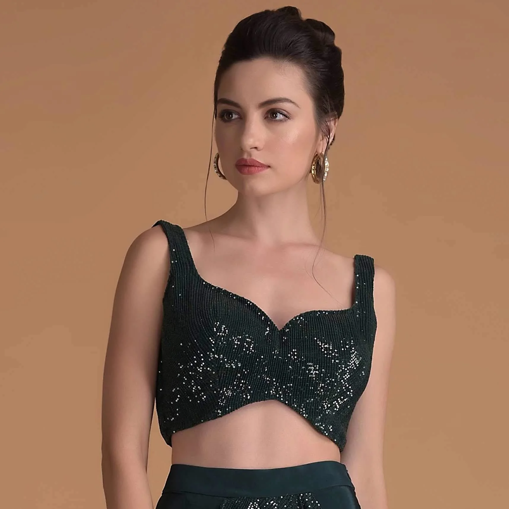 Bottle Green Crop Top Embellished In Sequins With Sweetheart Neckline - Image 3