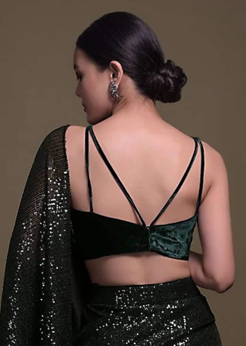Bottle Green Crop Top In Velvet With Double Straps And V Neckline - Image 2