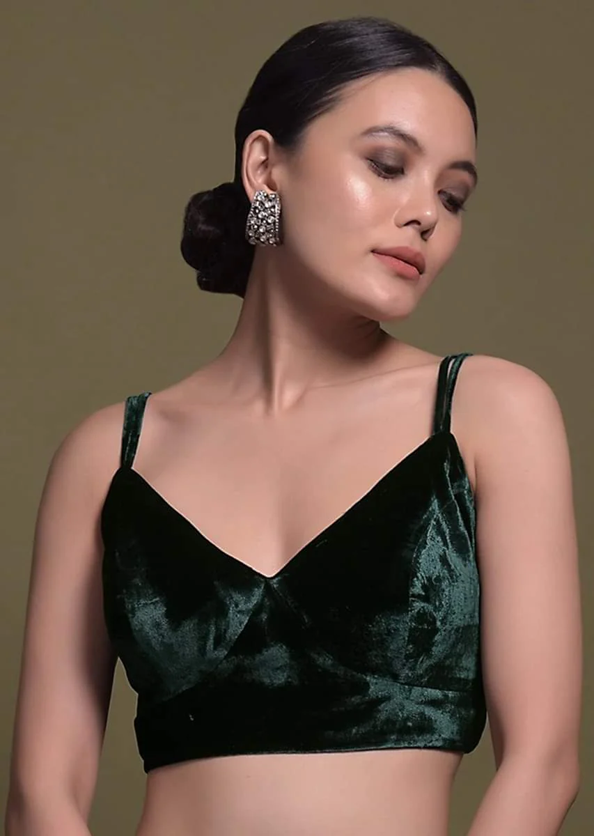 Bottle Green Crop Top In Velvet With Double Straps And V Neckline - Image 3