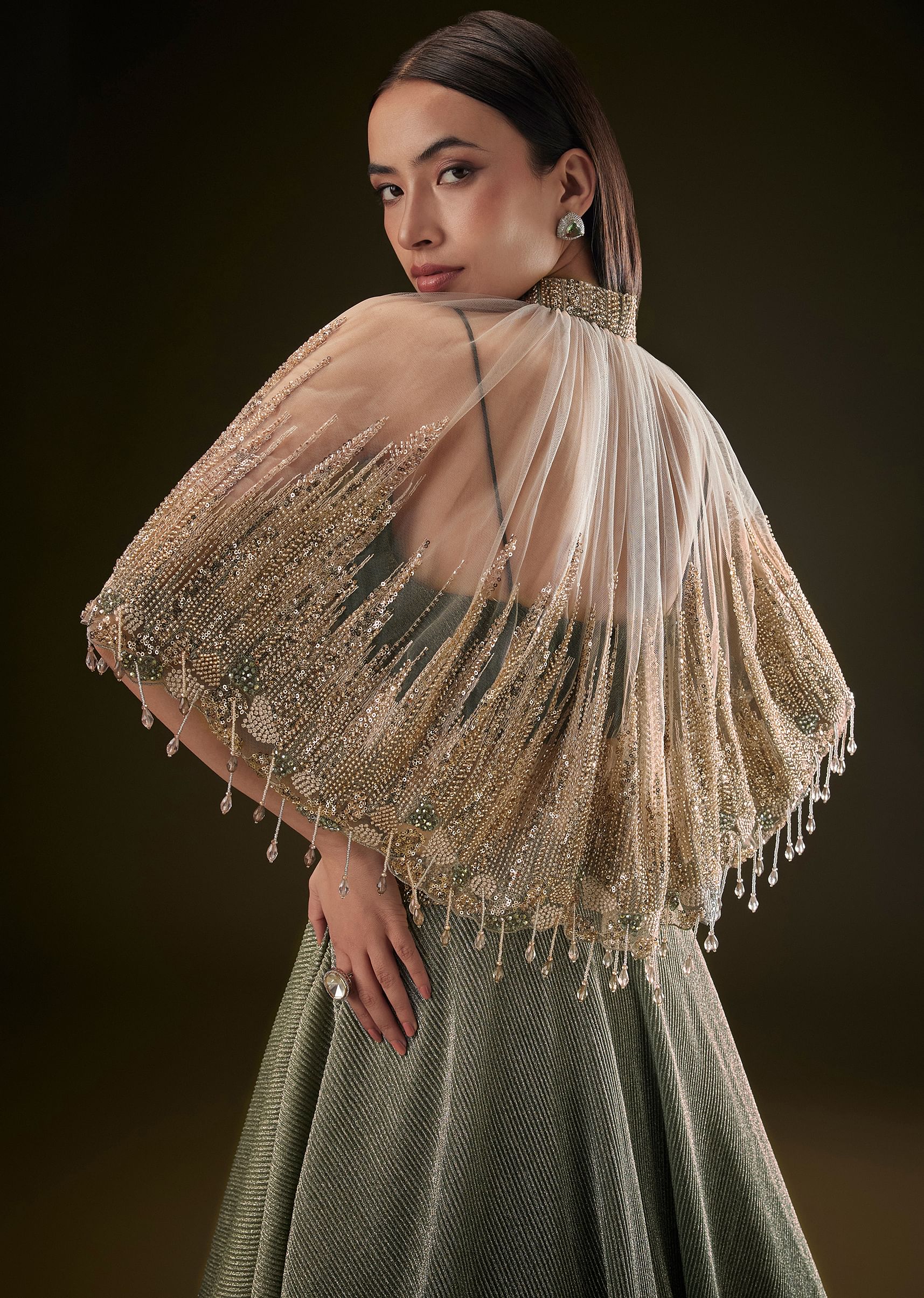 Bottle Green Crush Lehenga With Choker Style Cape - Image 4