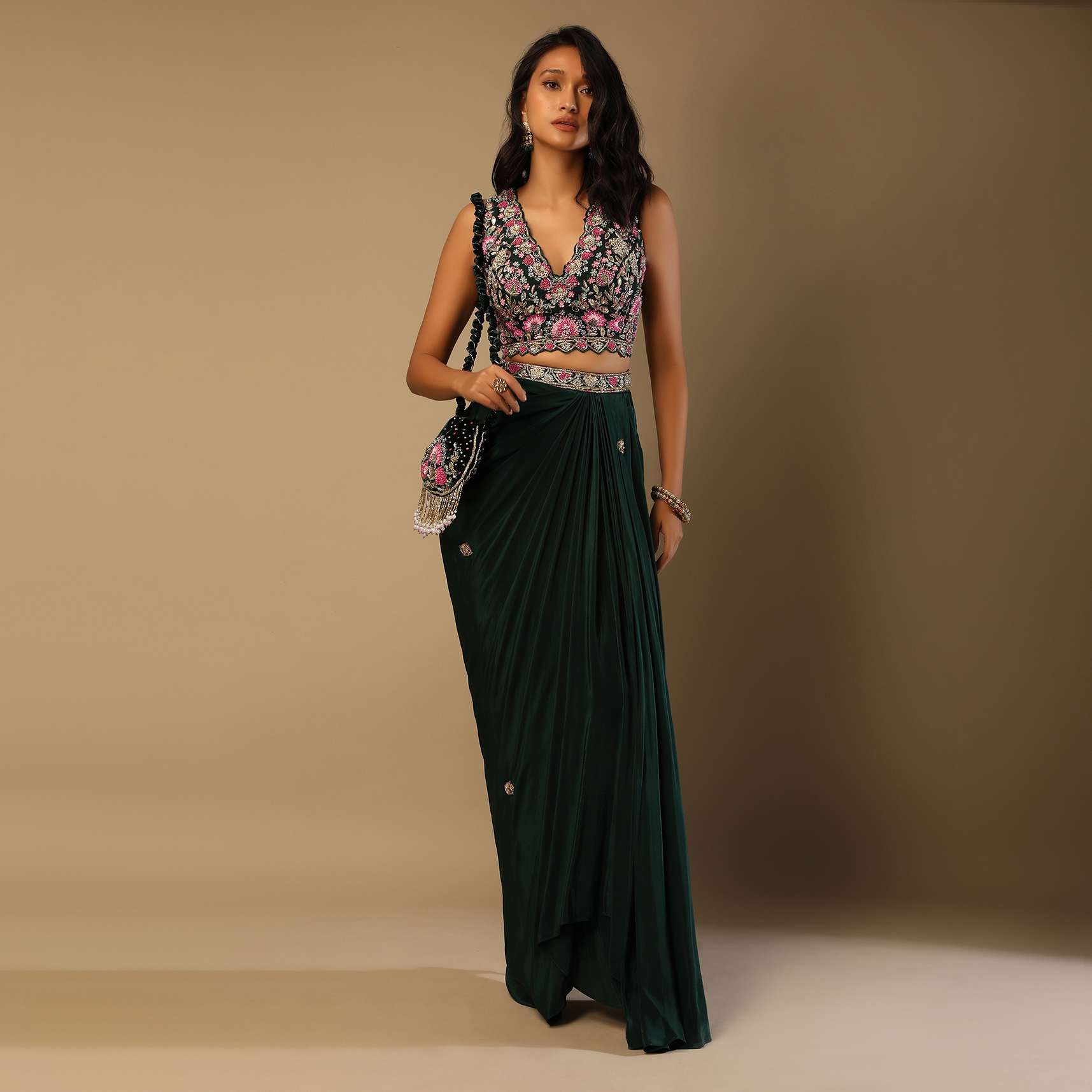 Bottle Green Dhoti Skirt And Choli With Multi Colored Hand Embroidery In Floral Motifs - Image 2
