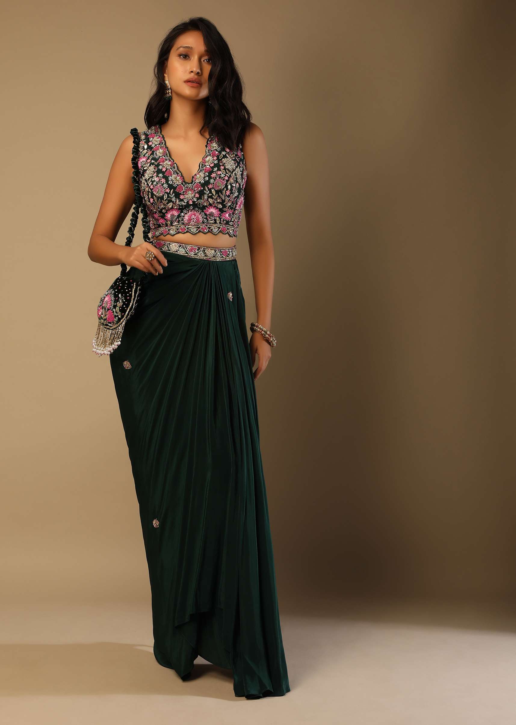Bottle Green Dhoti Skirt And Choli With Multi Colored Hand Embroidery In Floral Motifs - Image 3
