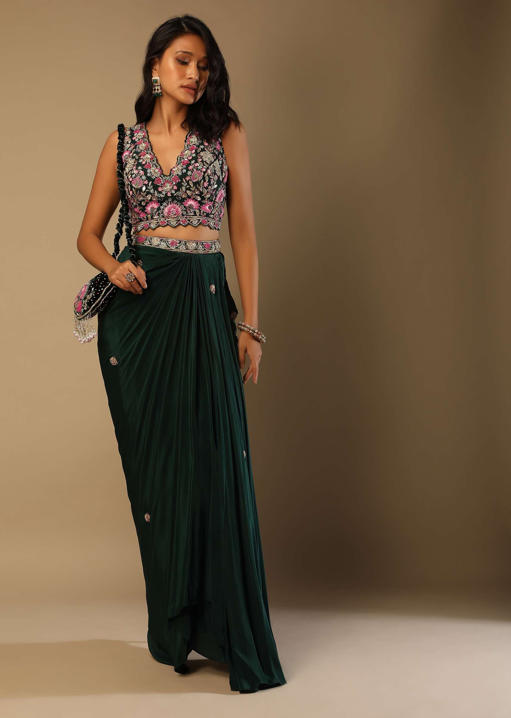 Bottle Green Dhoti Skirt And Choli With Multi Colored Hand Embroidery In Floral Motifs - Image 4