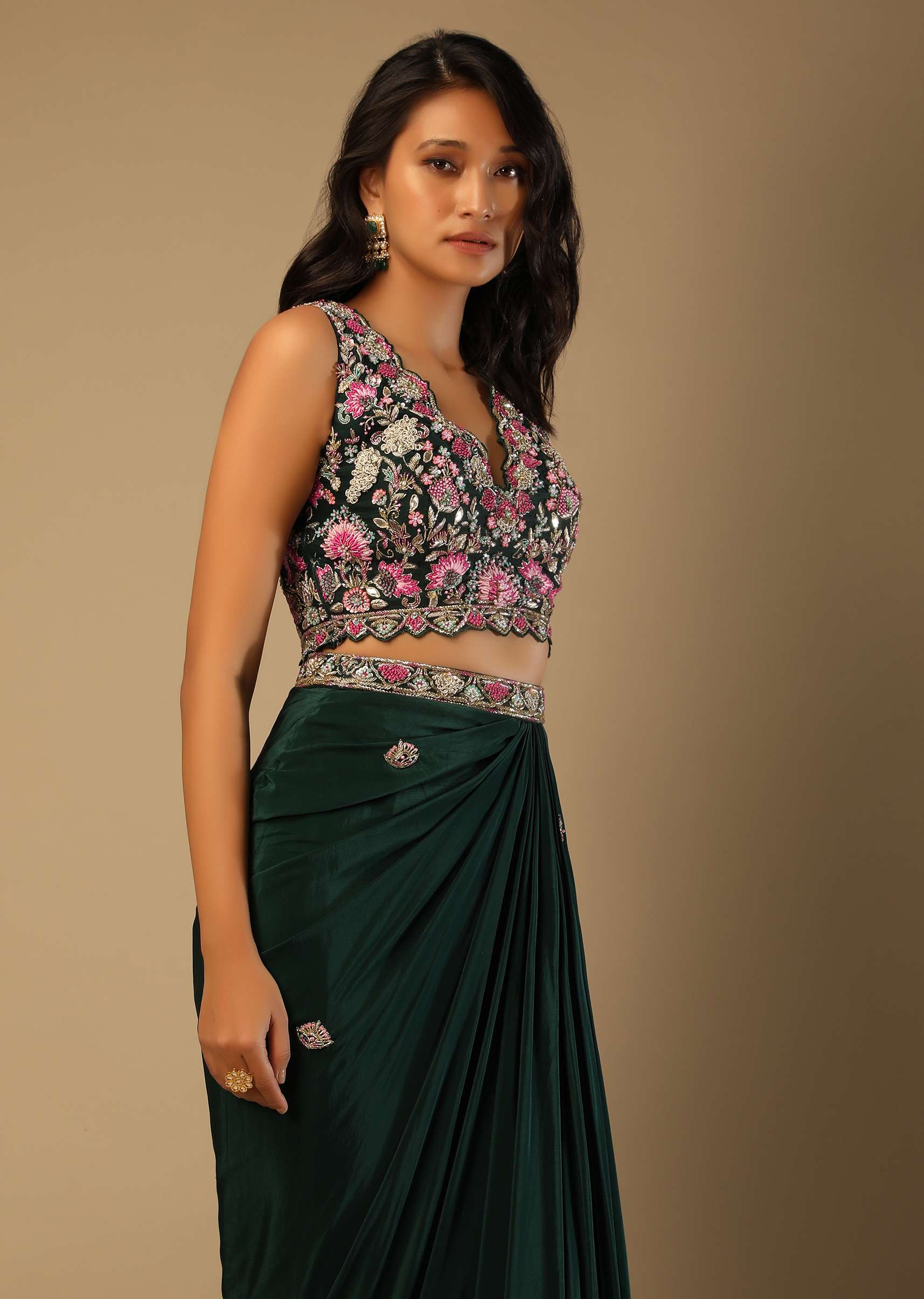 Bottle Green Dhoti Skirt And Choli With Multi Colored Hand Embroidery In Floral Motifs - Image 5