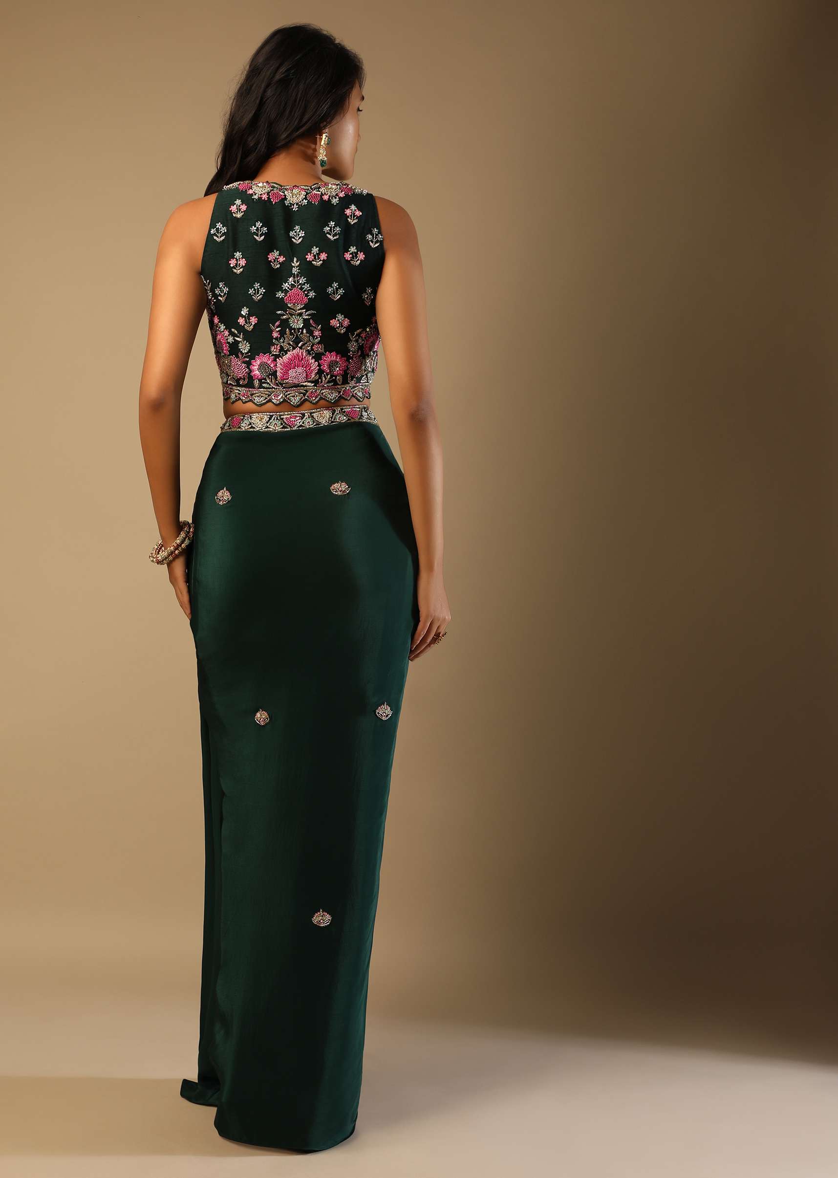 Bottle Green Dhoti Skirt And Choli With Multi Colored Hand Embroidery In Floral Motifs - Image 6