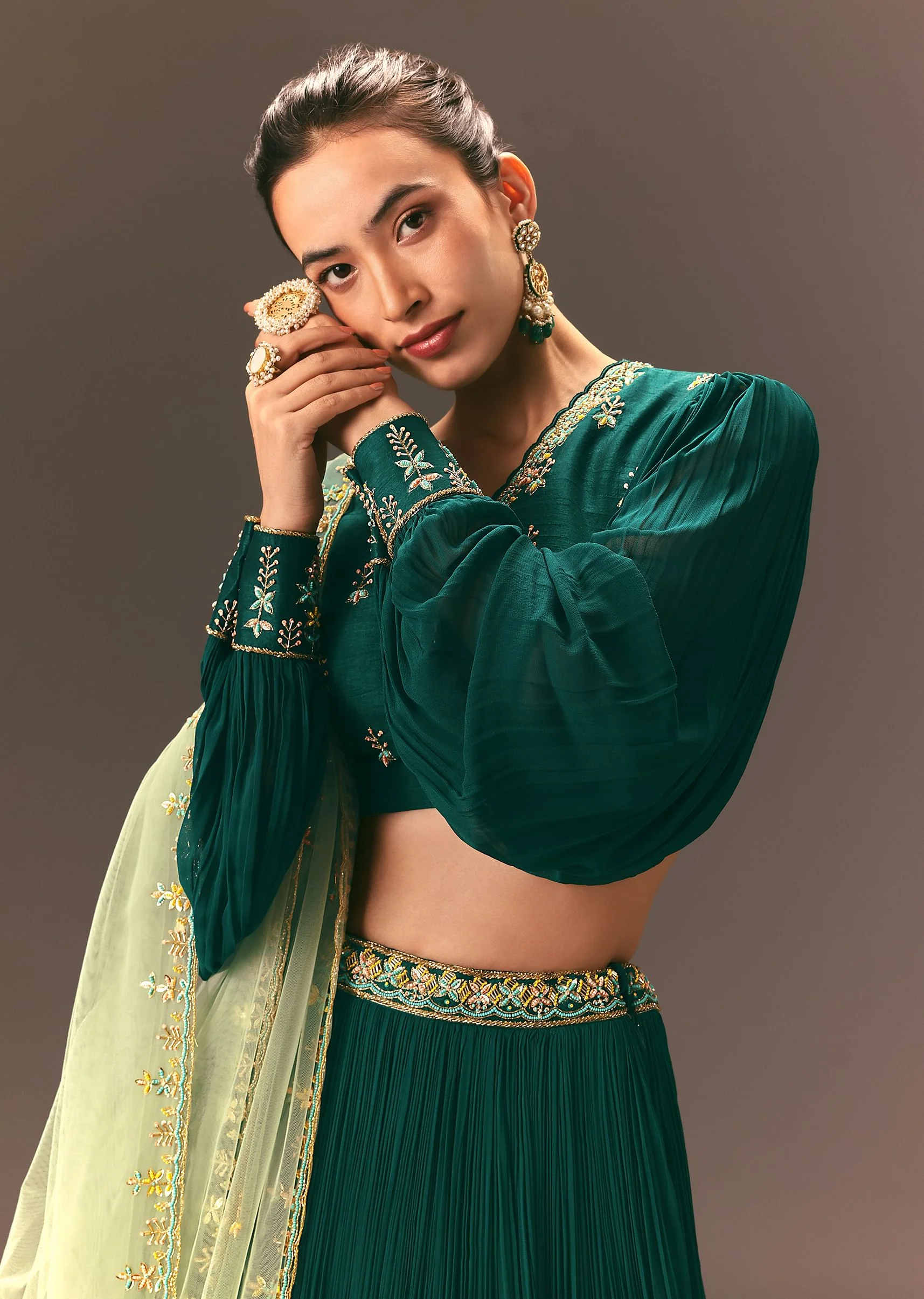 Bottle Green Embellished Ruched Lehenga Set - Image 3