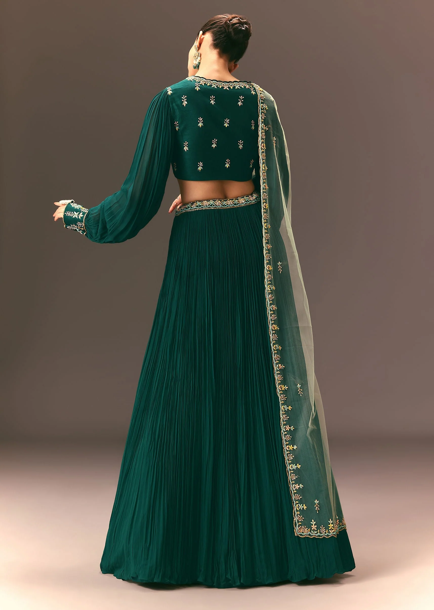 Bottle Green Embellished Ruched Lehenga Set - Image 4