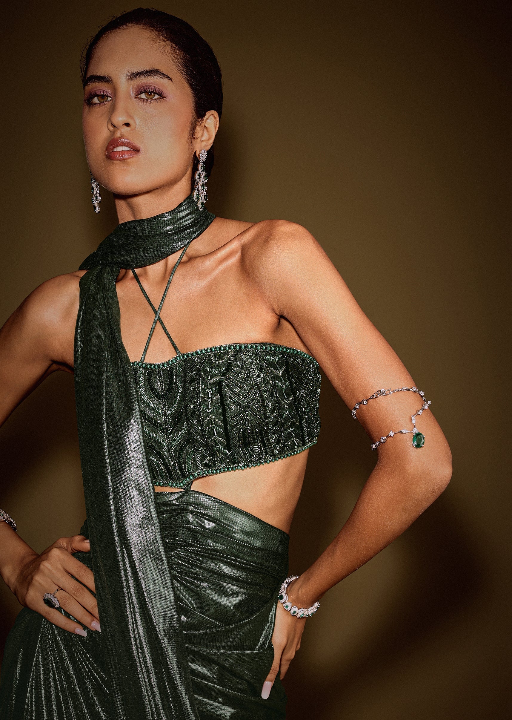 Bottle Green Embroidered Gown With Keyhole Waist And Drape Dupatta - Image 3