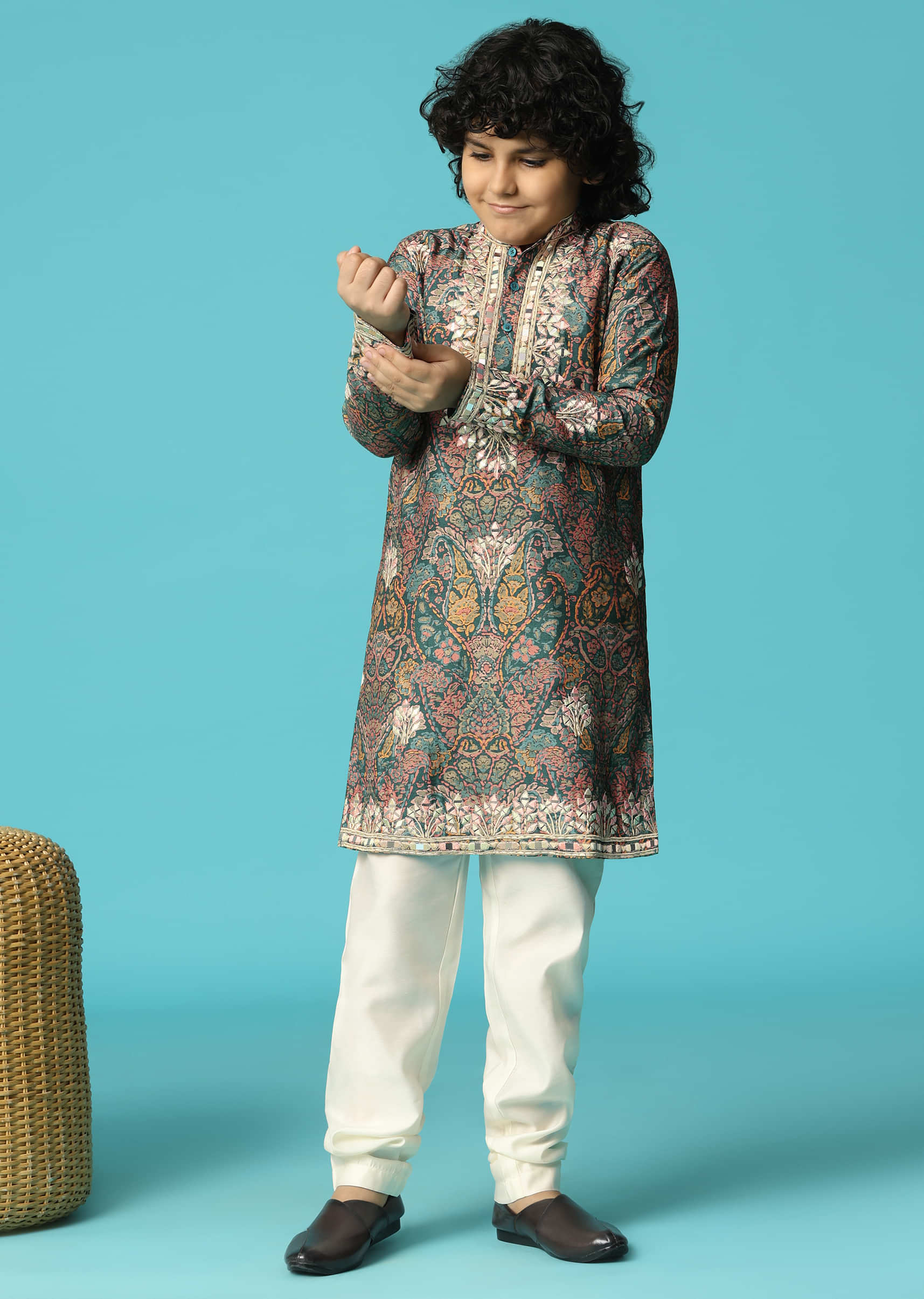 Bottle Green Kurta Pant With Resham Work For Boys - Image 3