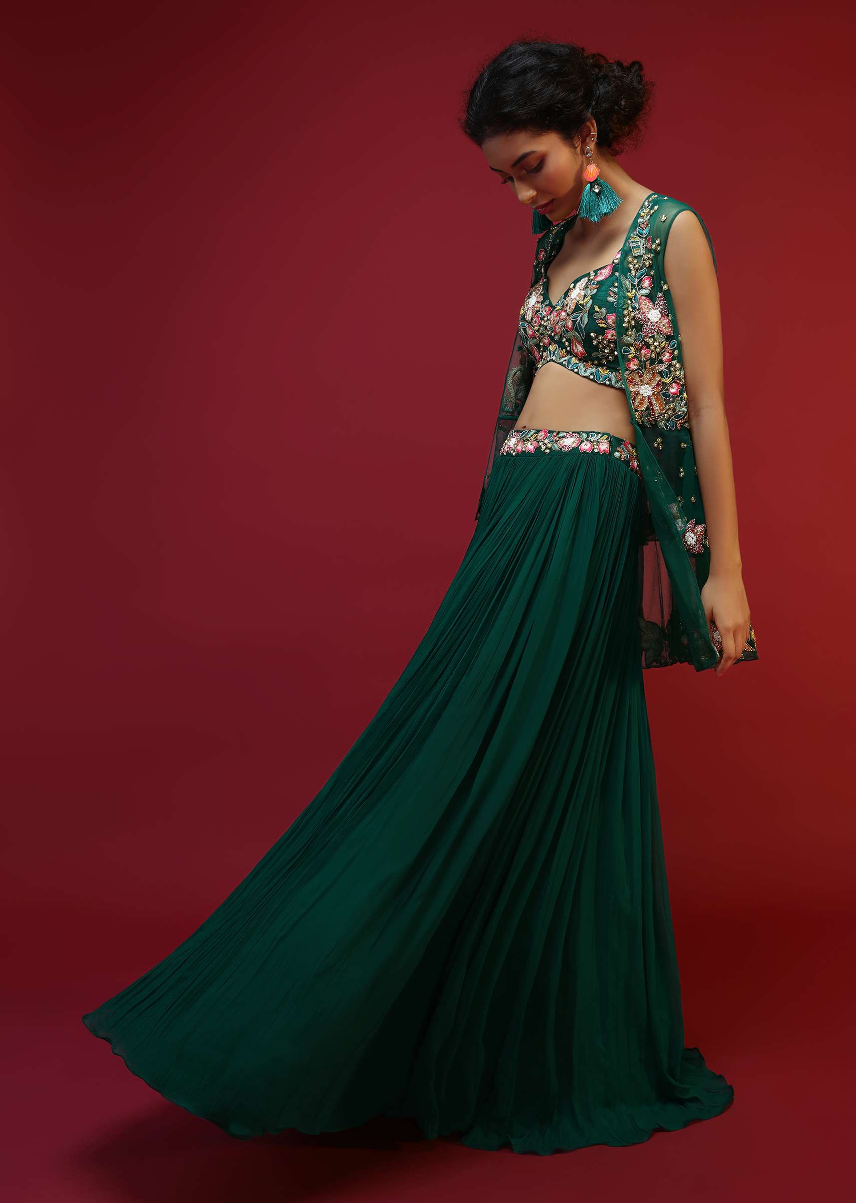 Bottle Green Lehenga Choli And Sleeveless Peplum Jacket Adorned With Colorful Resham And Moti Embroidered Flowers - Image 4