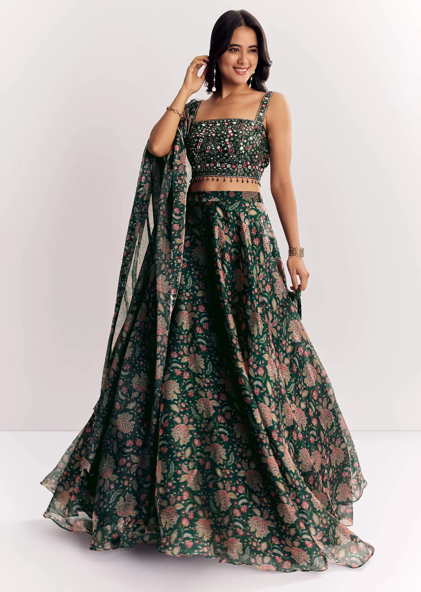 Bottle Green Mirror Work Lehenga Choli Set In Organza Tissue - Image 3