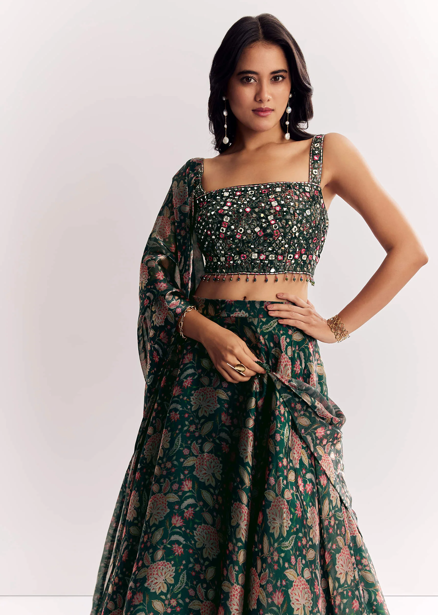 Bottle Green Mirror Work Lehenga Choli Set In Organza Tissue - Image 4