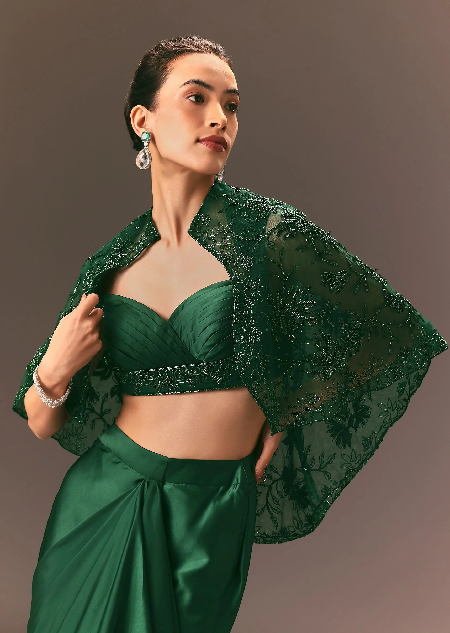 Bottle Green Net Hand Work Fusion Draped Skirt Set - Image 4