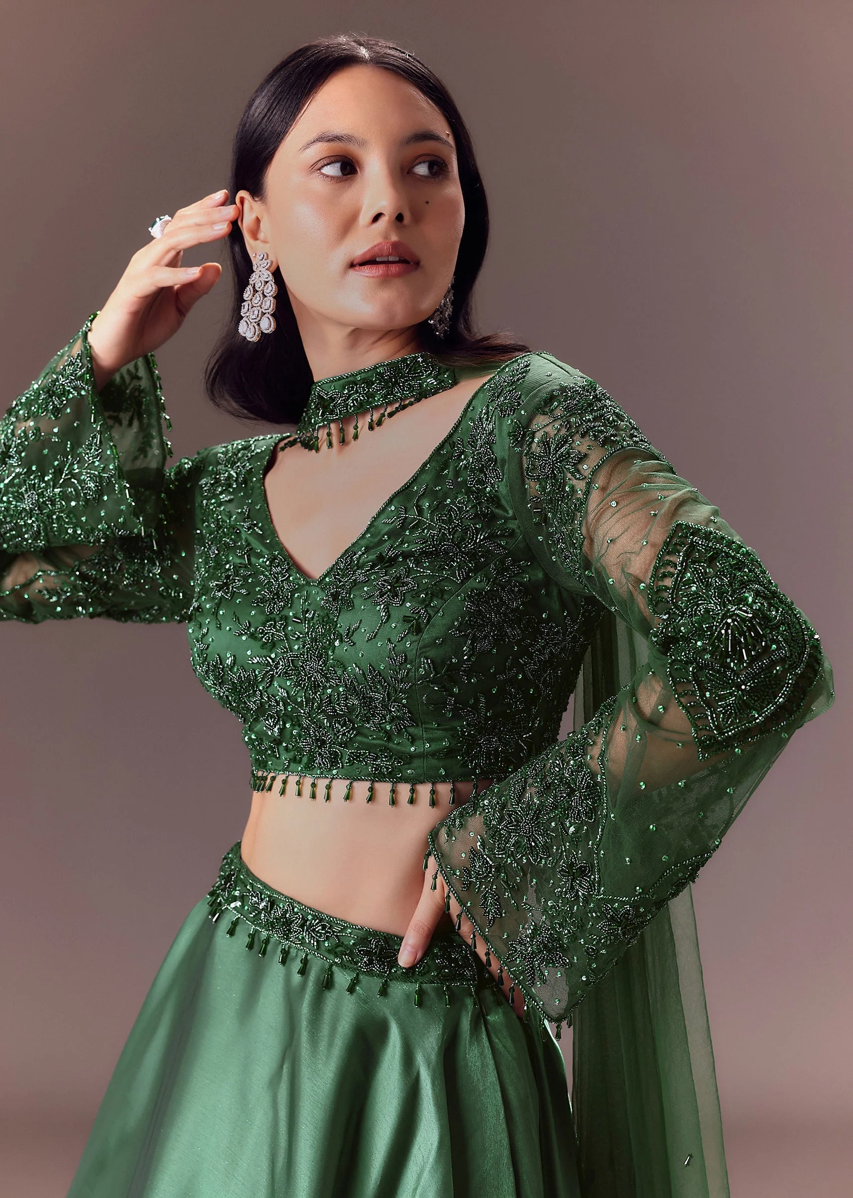 Bottle Green Organza Lehenga Set With Hand Work - Image 4