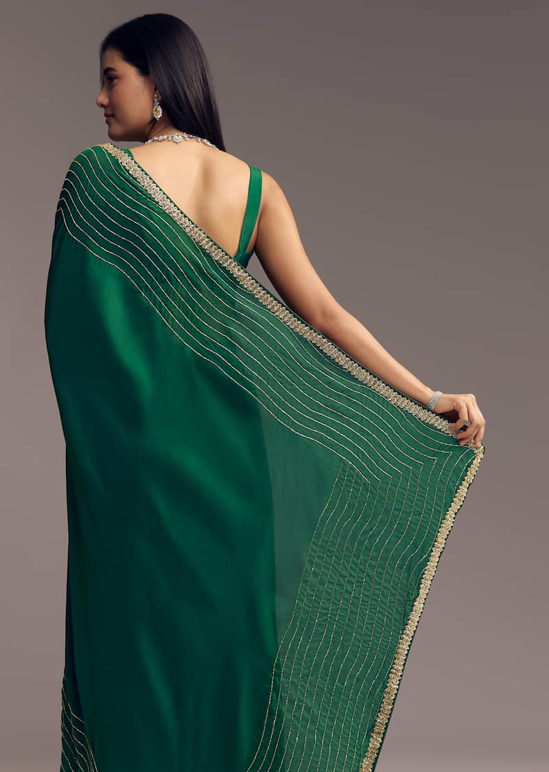 Bottle Green Organza Saree With Scalloped Cut Dana Detailing - Image 3
