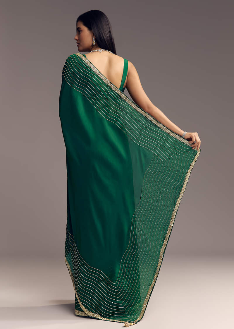 Bottle Green Organza Saree With Scalloped Cut Dana Detailing - Image 5