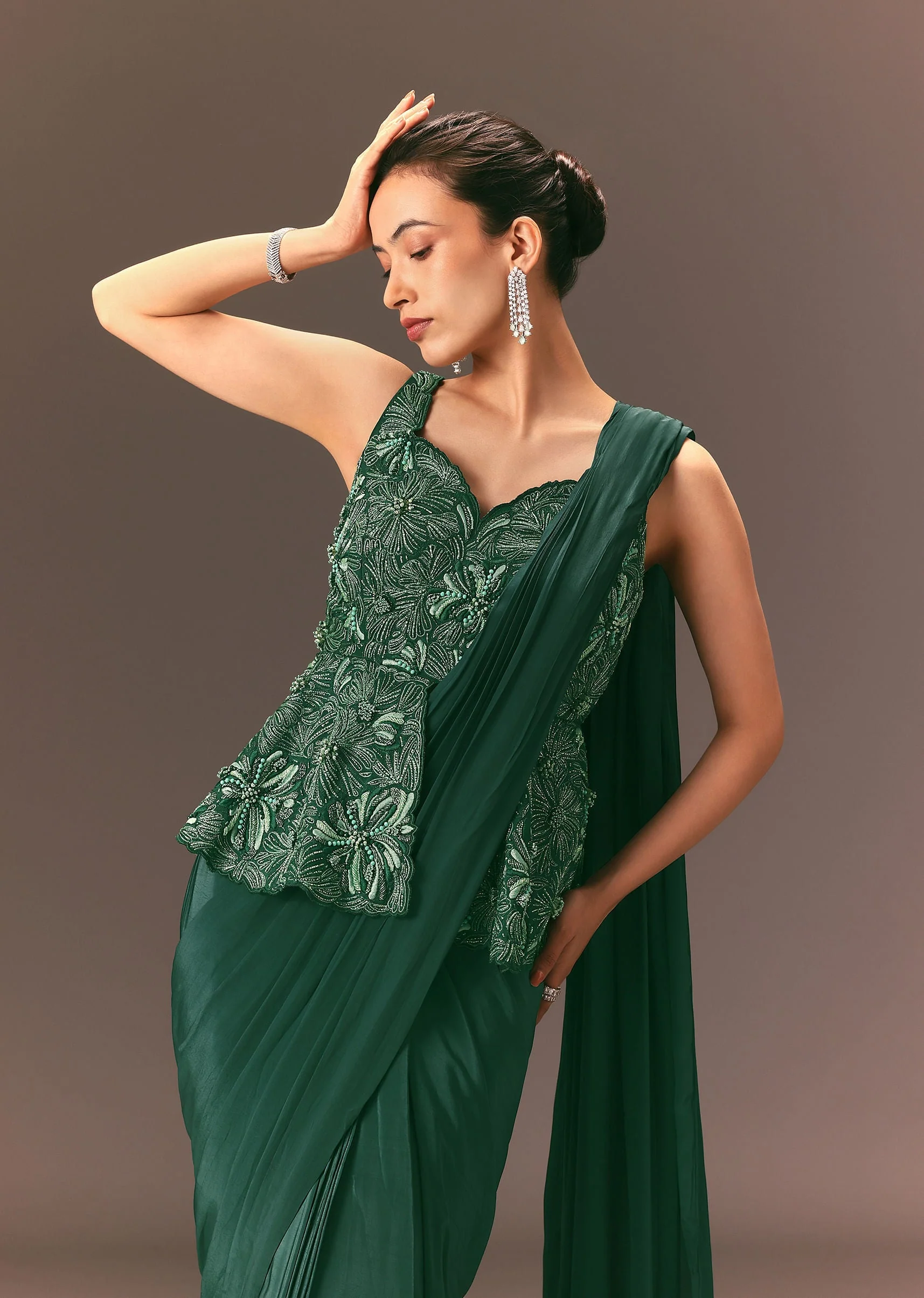 Bottle Green Raw Silk Pre Stitched Saree With Peplum Blouse - Image 2