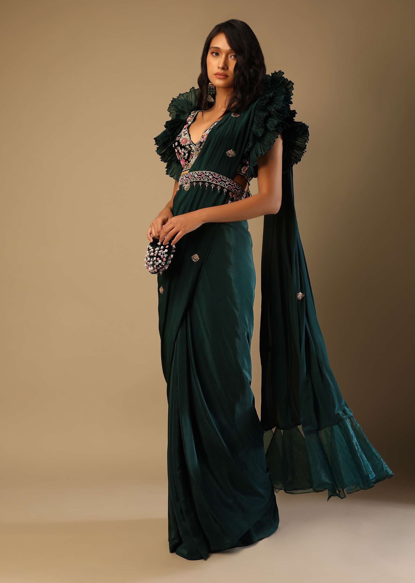 Bottle Green Ready Pleated Saree With A Colorful Hand Embroidered Blouse With Fancy Layered Frill Sleeves - Image 5