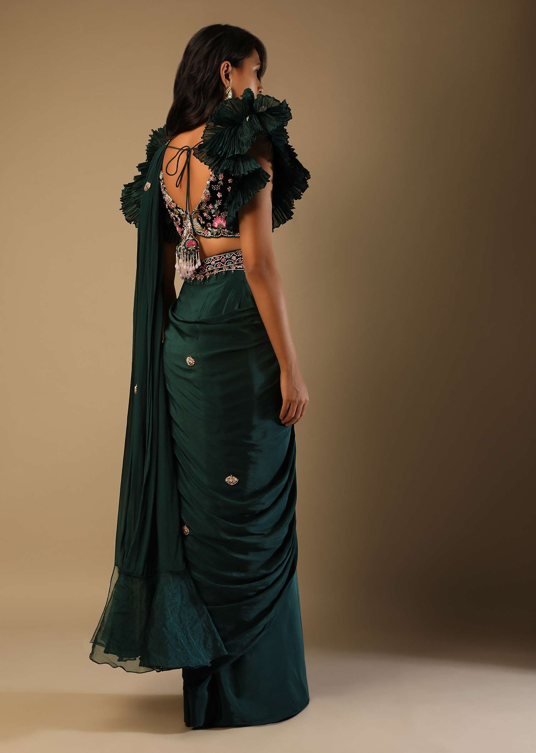 Bottle Green Ready Pleated Saree With A Colorful Hand Embroidered Blouse With Fancy Layered Frill Sleeves - Image 6