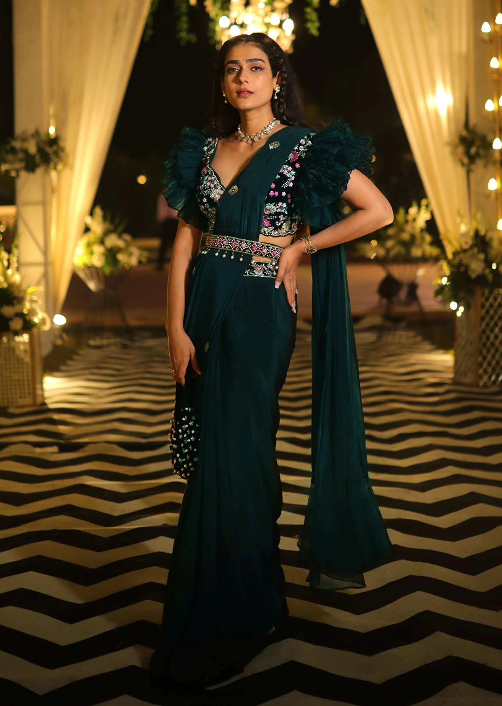 Bottle Green Ready Pleated Saree With A Colorful Hand Embroidered Blouse With Fancy Layered Frill Sleeves - Image 7