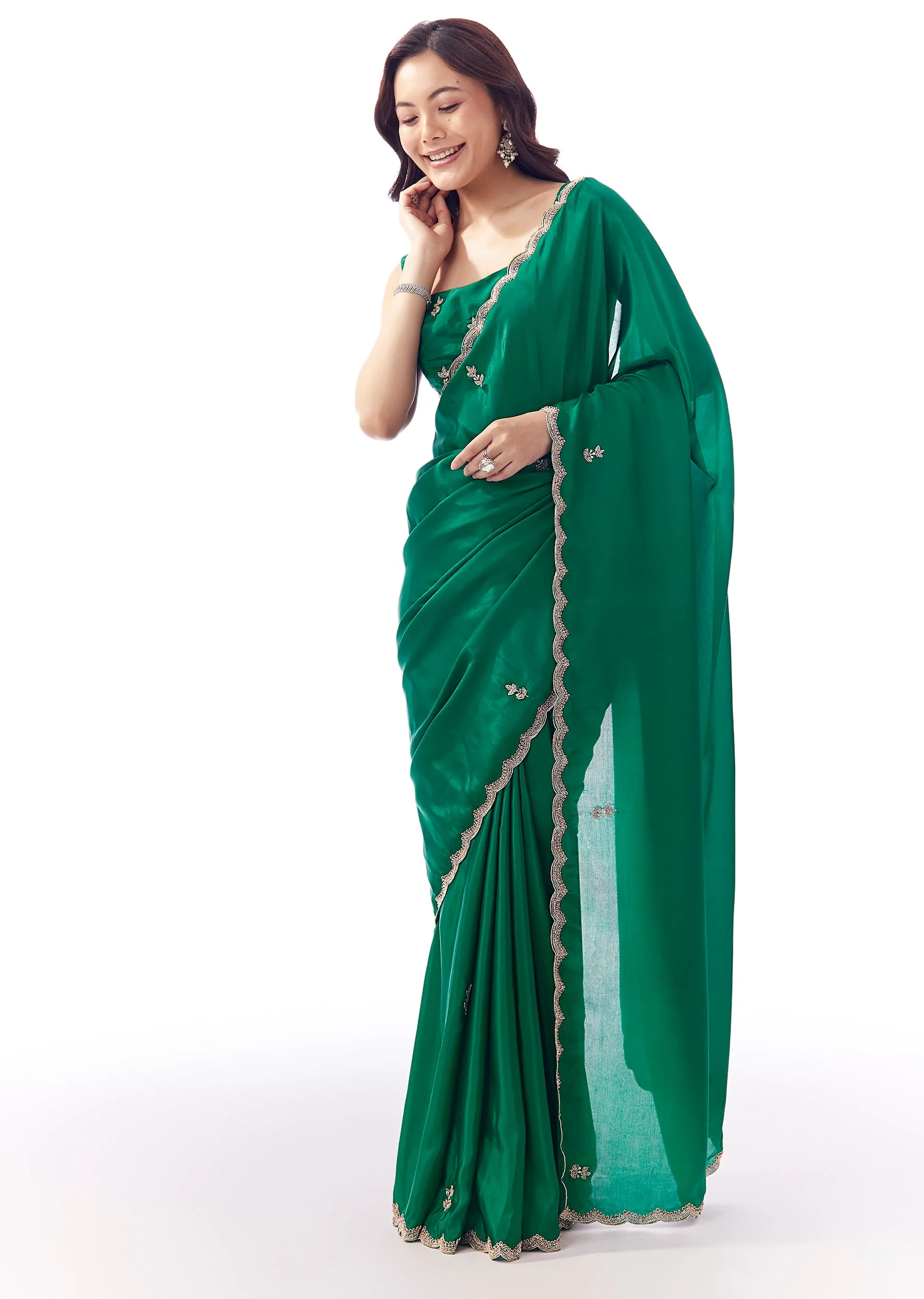 Bottle Green Satin Saree With Scalloped Embroidered Border And Buttis
