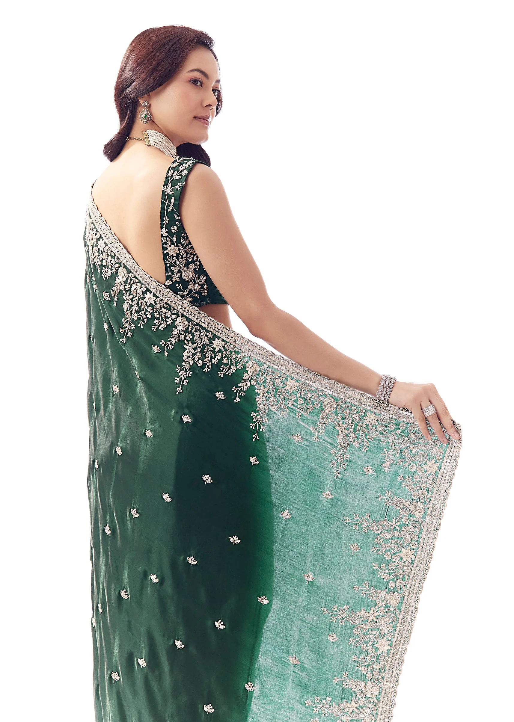 Bottle Green Tissue Silk Saree With Heavy Floral Embroidered Butti Border - Image 6