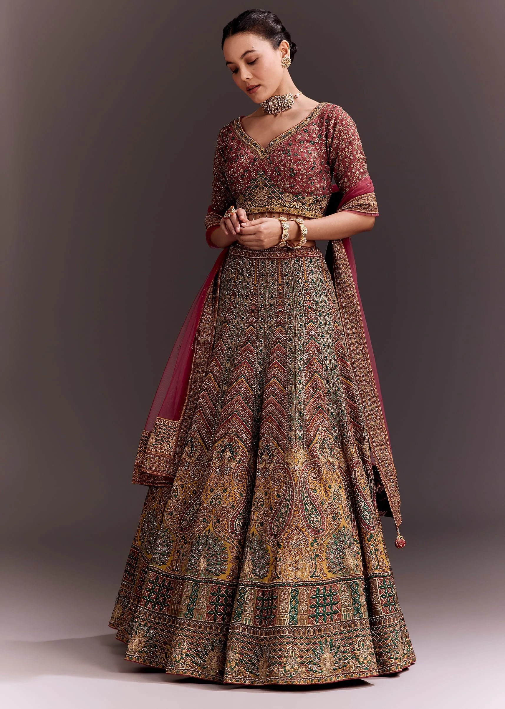 Brick Red Embroidered Lehenga Set - Image 4