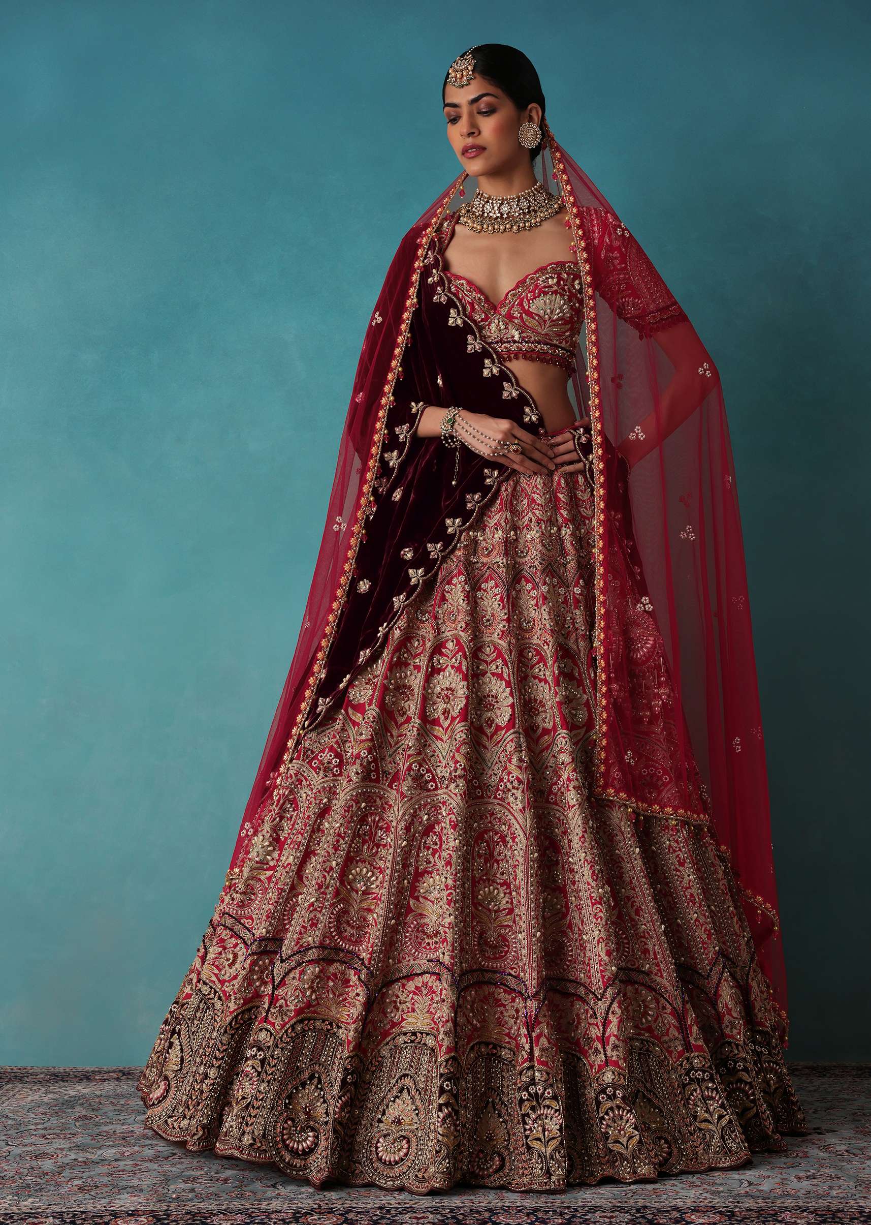 Brick Red Velvet Bridal Lehenga Set With Aari Work - Image 3