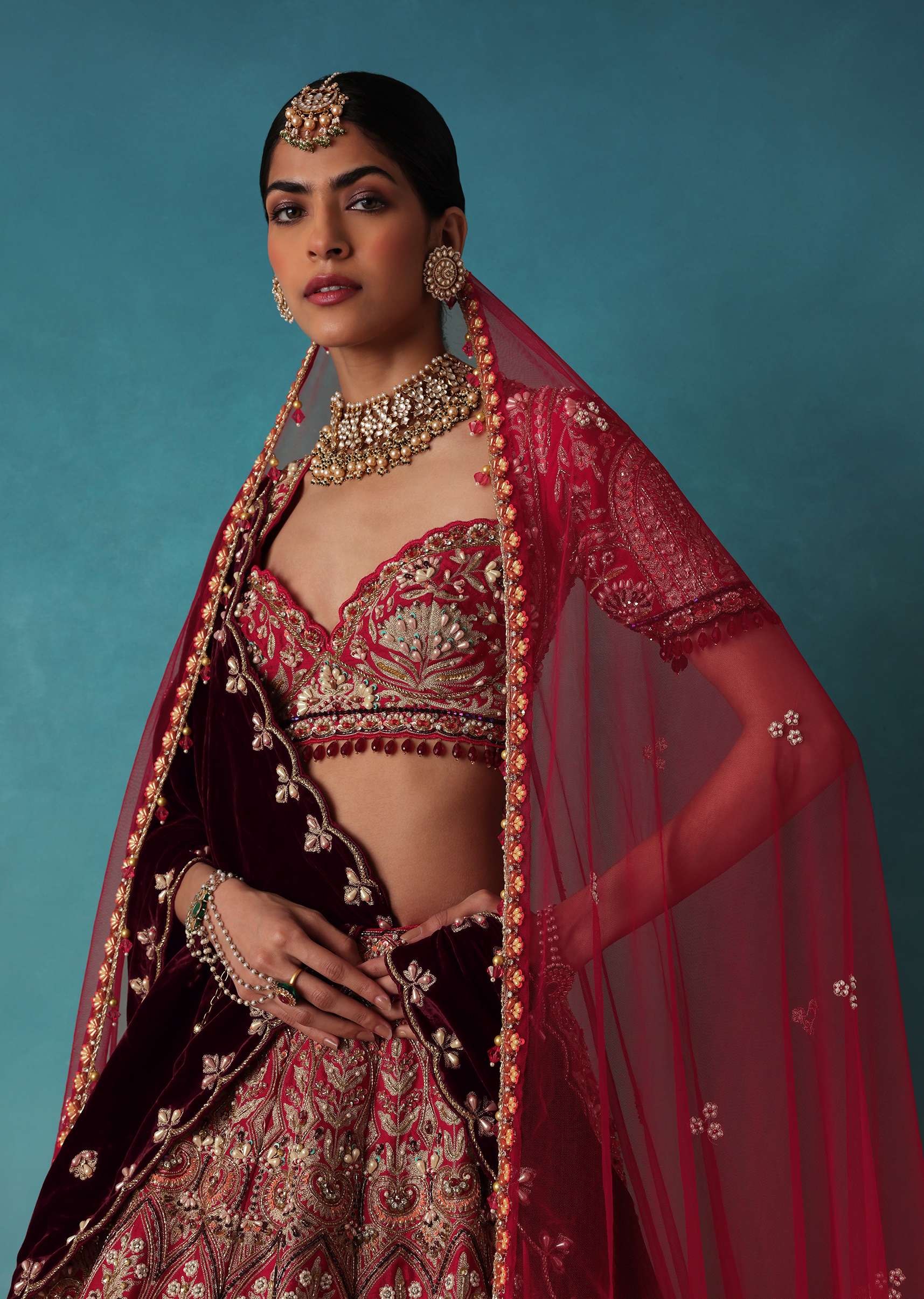 Brick Red Velvet Bridal Lehenga Set With Aari Work - Image 4