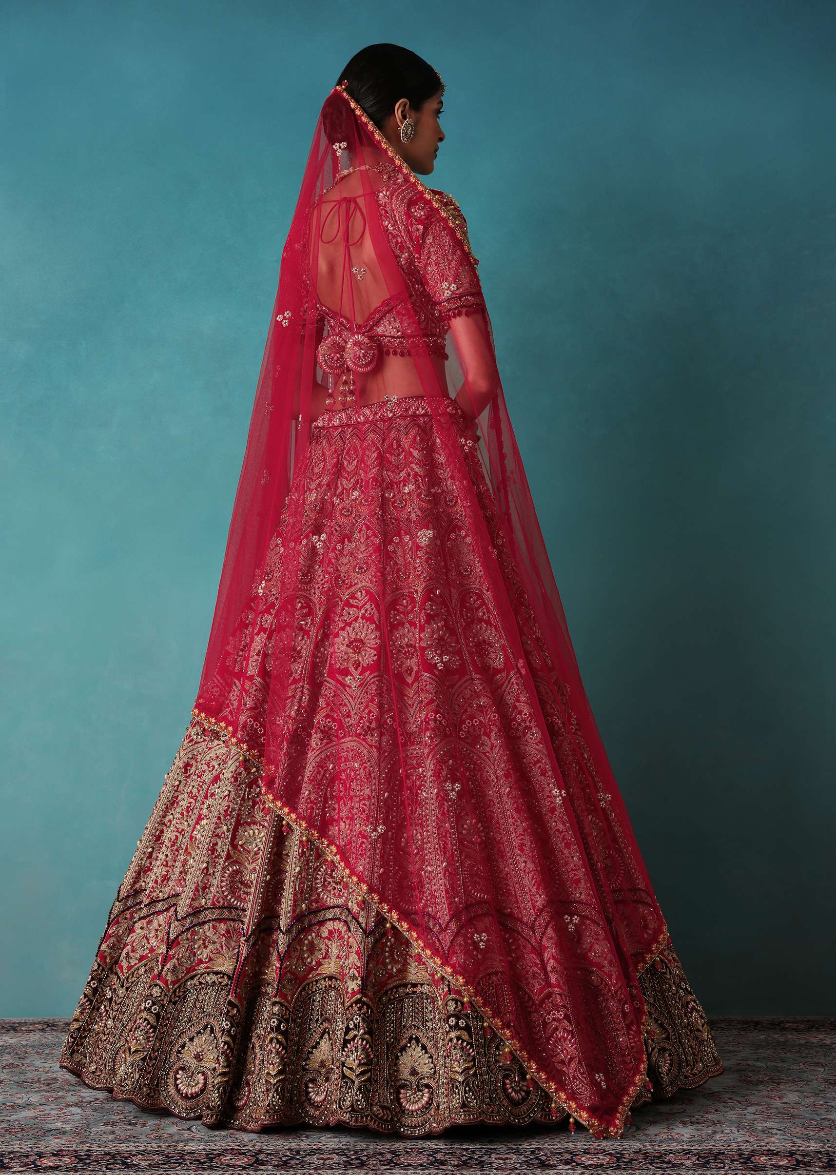 Brick Red Velvet Bridal Lehenga Set With Aari Work - Image 5