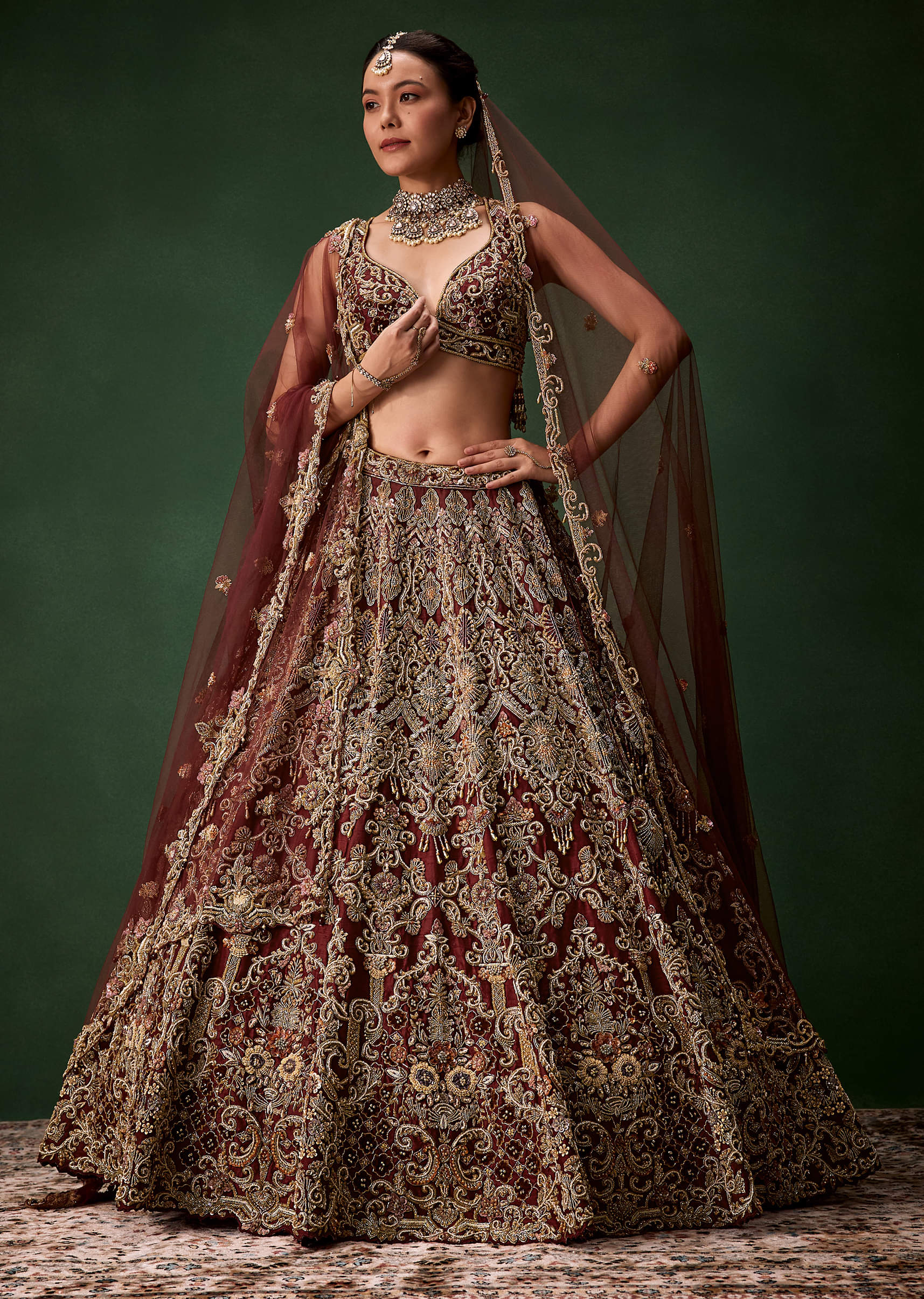 Bridal Lehenga Embroidered Set with Two Dupattas - Image 4