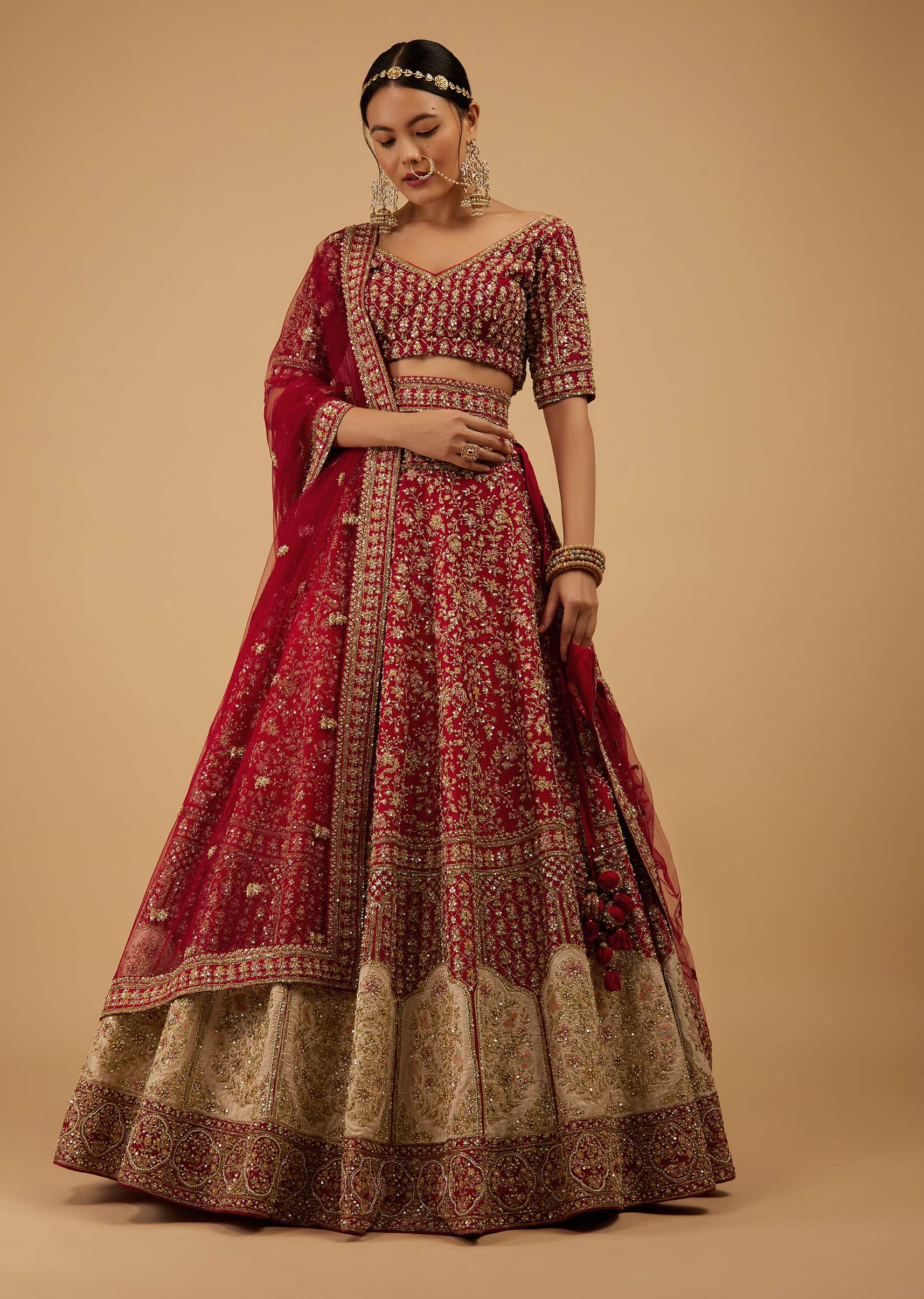 Bride And Baraat Apple Red Fully Embroidered Lavish Lehenga Choli With Belt - Image 3