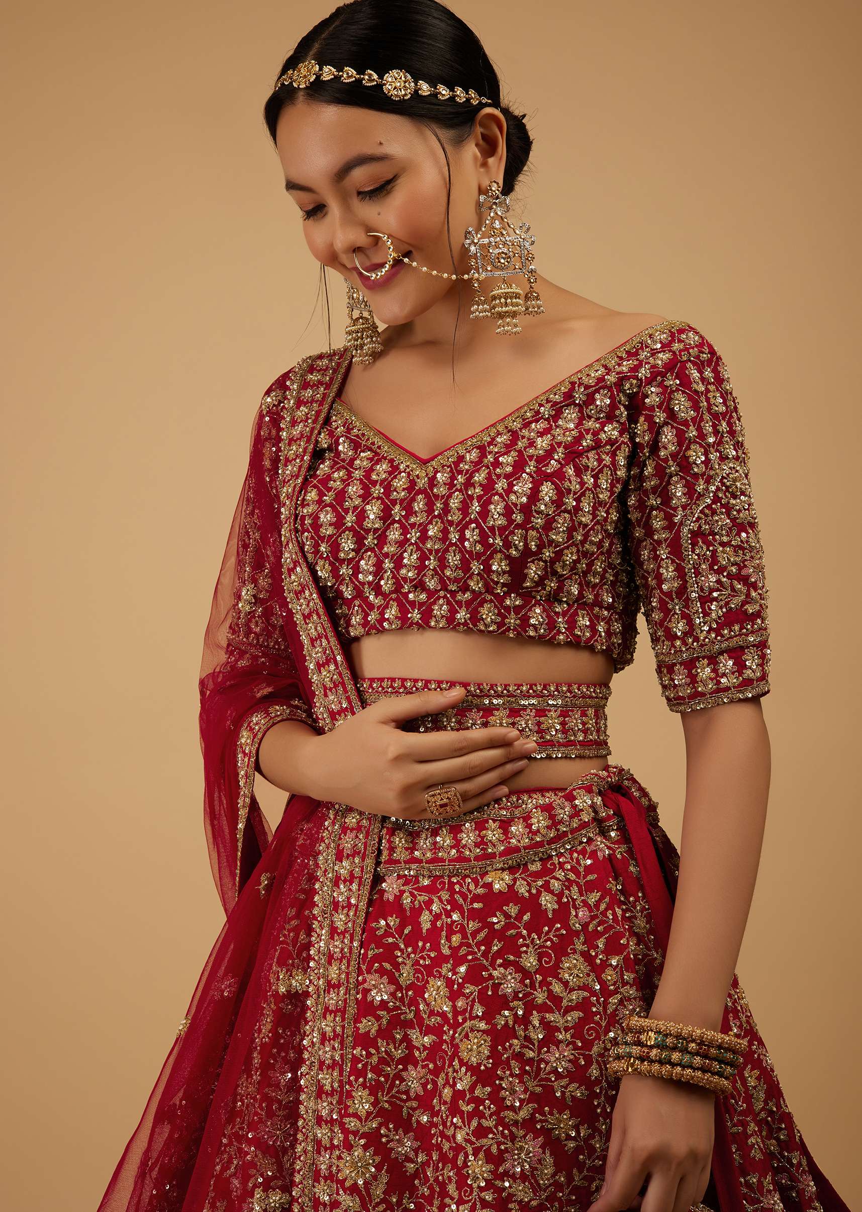 Bride And Baraat Apple Red Fully Embroidered Lavish Lehenga Choli With Belt - Image 4