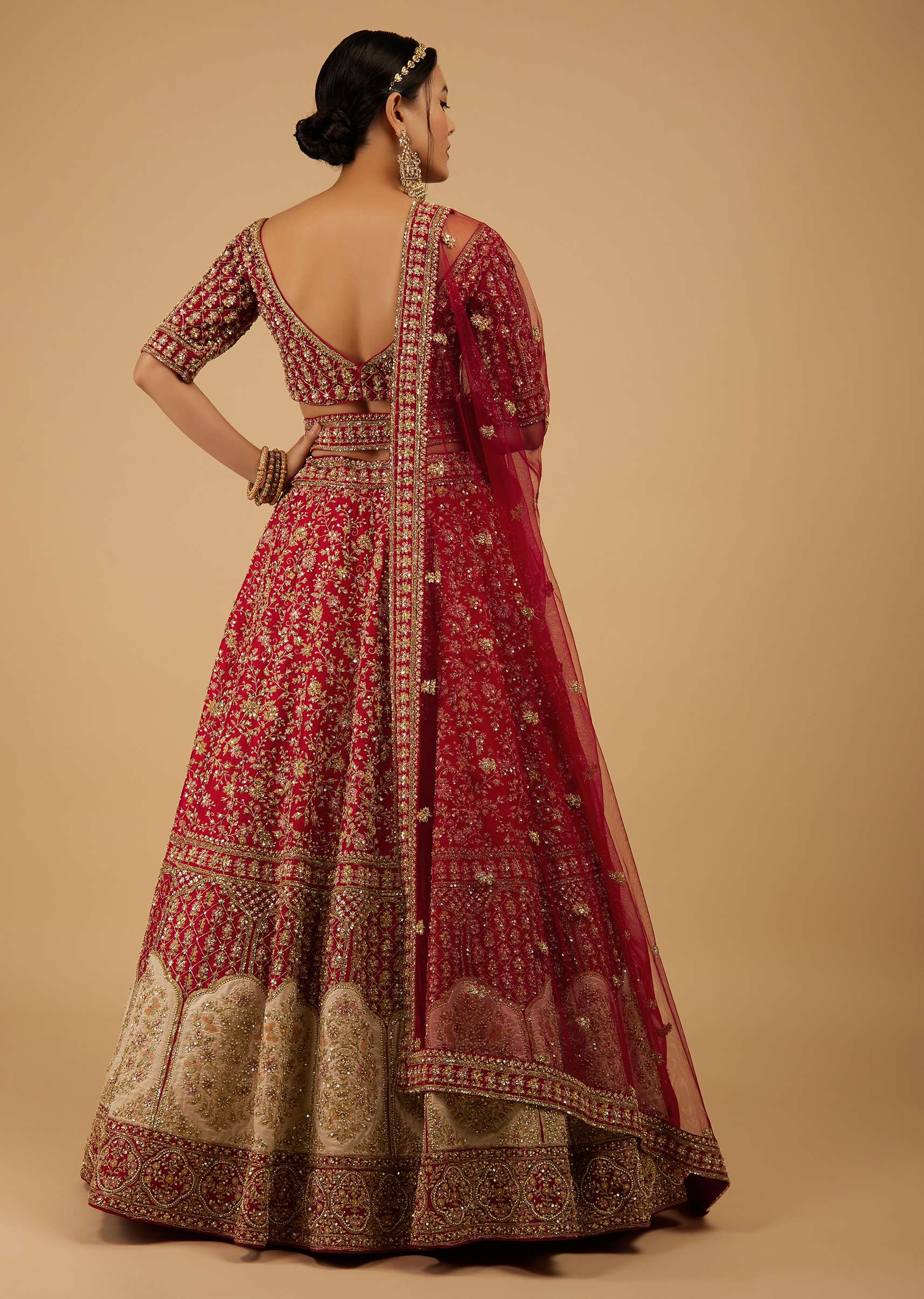 Bride And Baraat Apple Red Fully Embroidered Lavish Lehenga Choli With Belt - Image 5