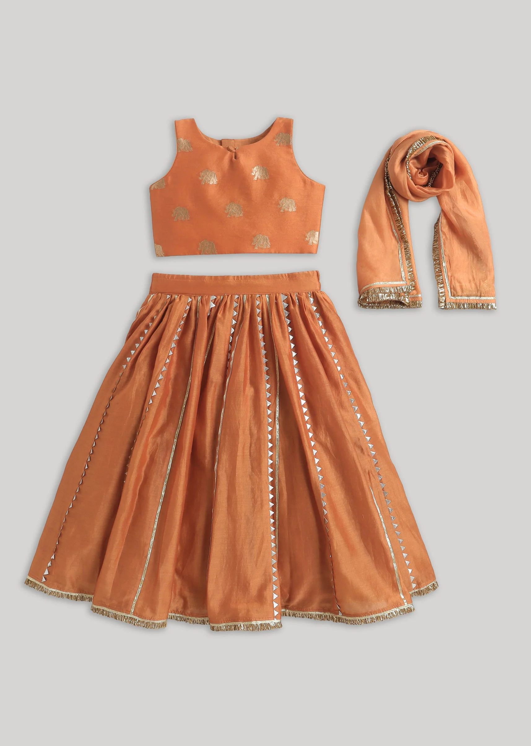 Bright Orange Gold Chanderi Lehenga Set With Classic Gotta Detailing