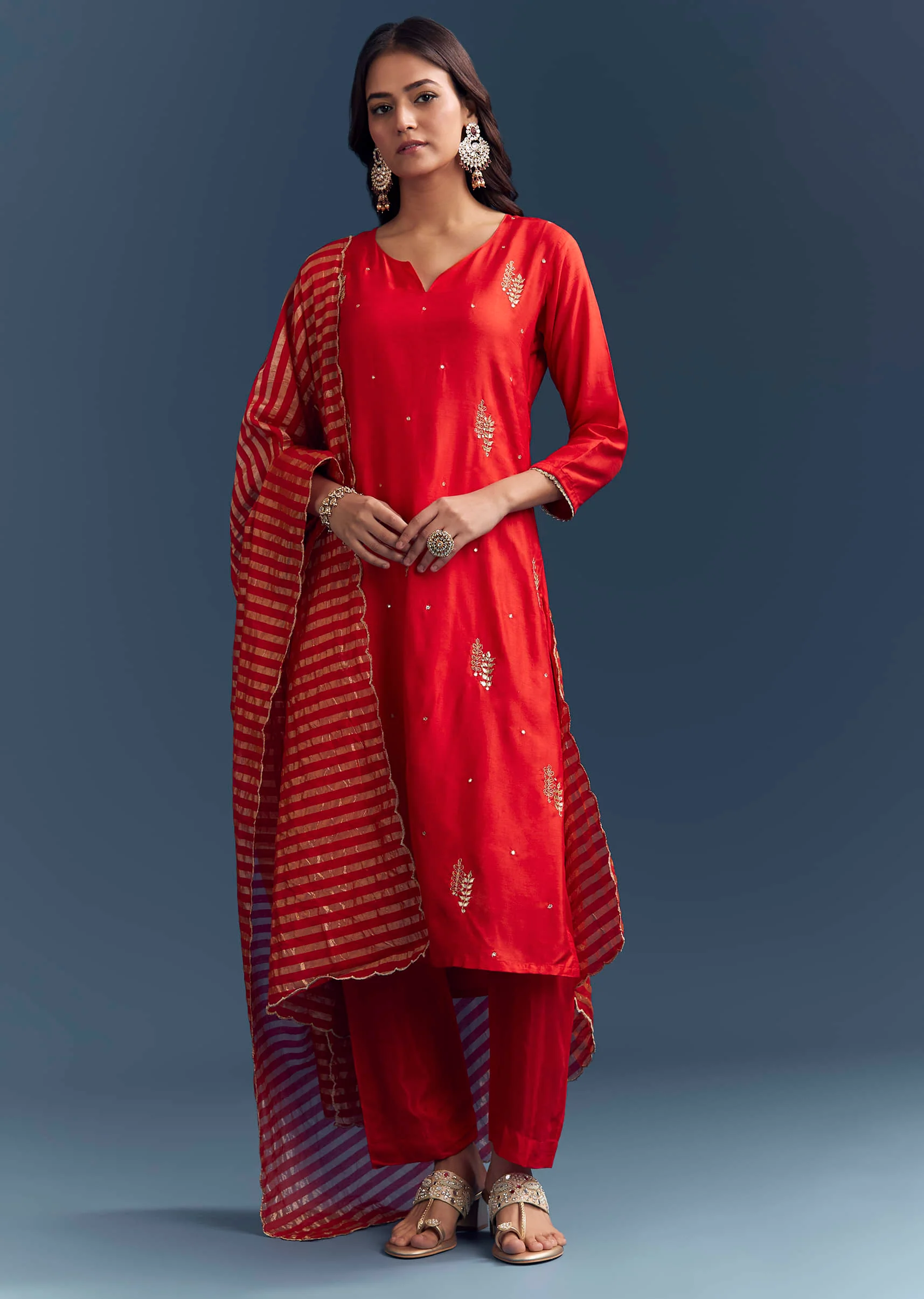 Bright Orange Silk Kurta Set With Zari And Gota Work - Image 3