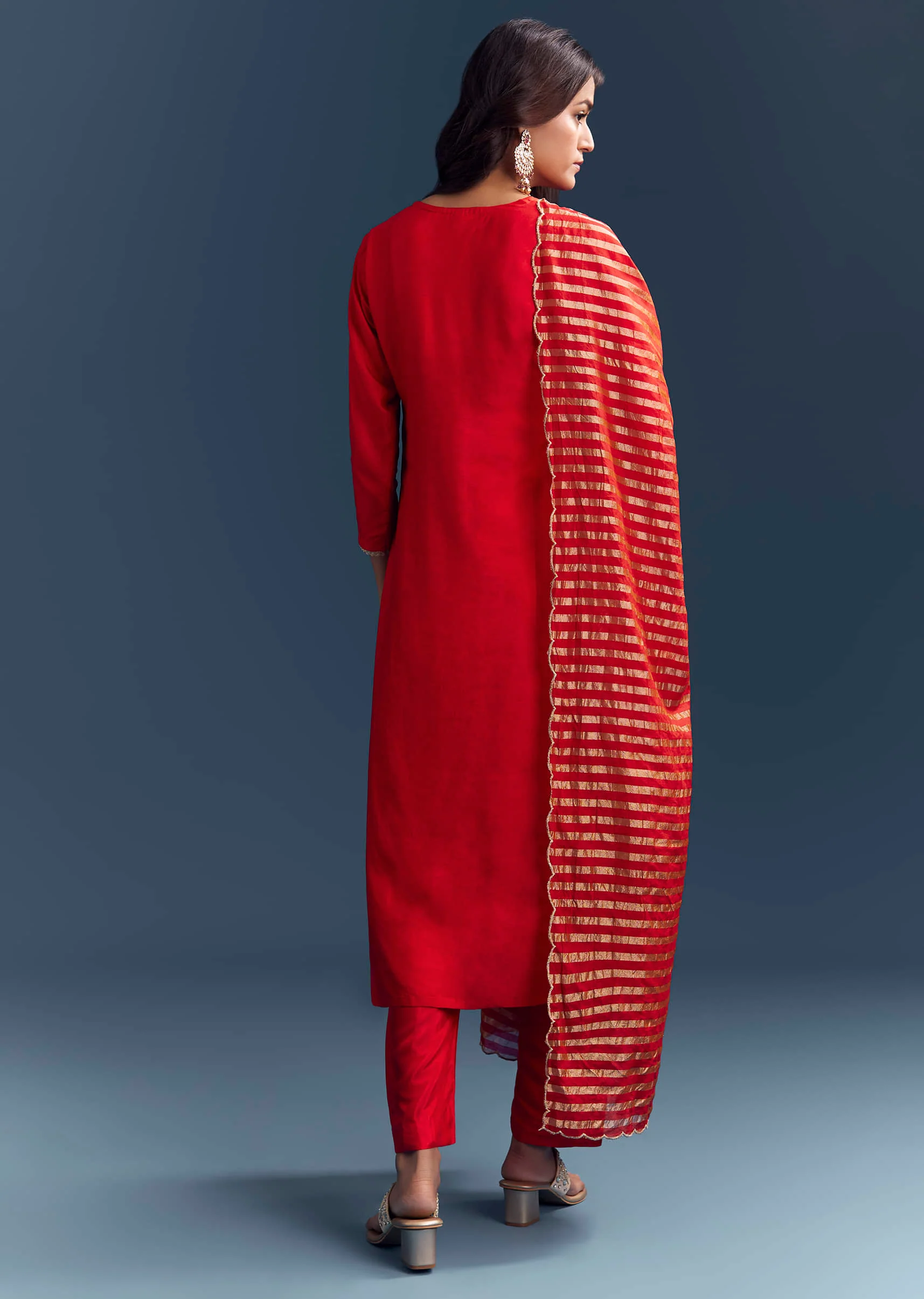 Bright Orange Silk Kurta Set With Zari And Gota Work - Image 5