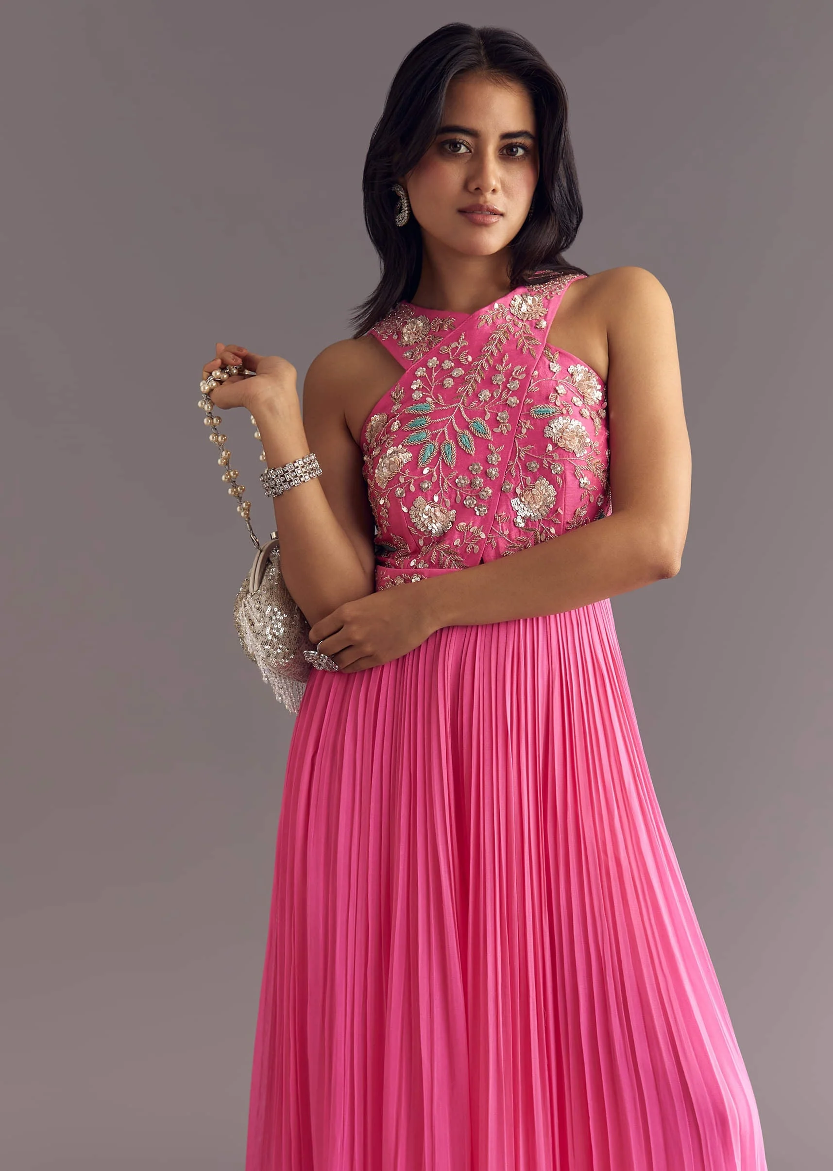 Bright Pink Georgette Jumpsuit With Embroidered Belt - Image 2