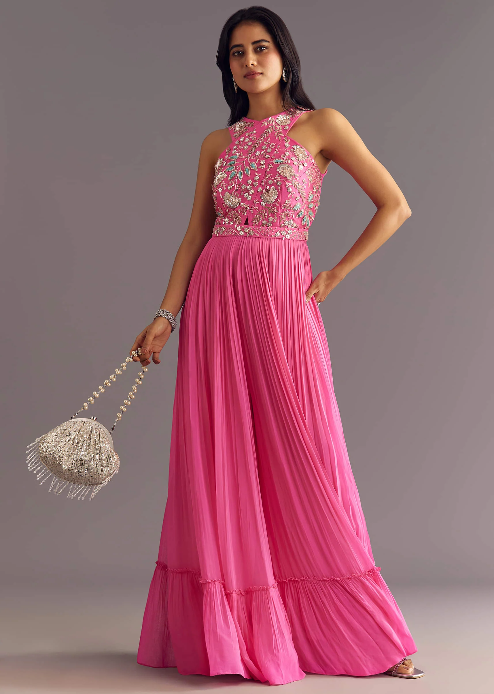 Bright Pink Georgette Jumpsuit With Embroidered Belt - Image 6